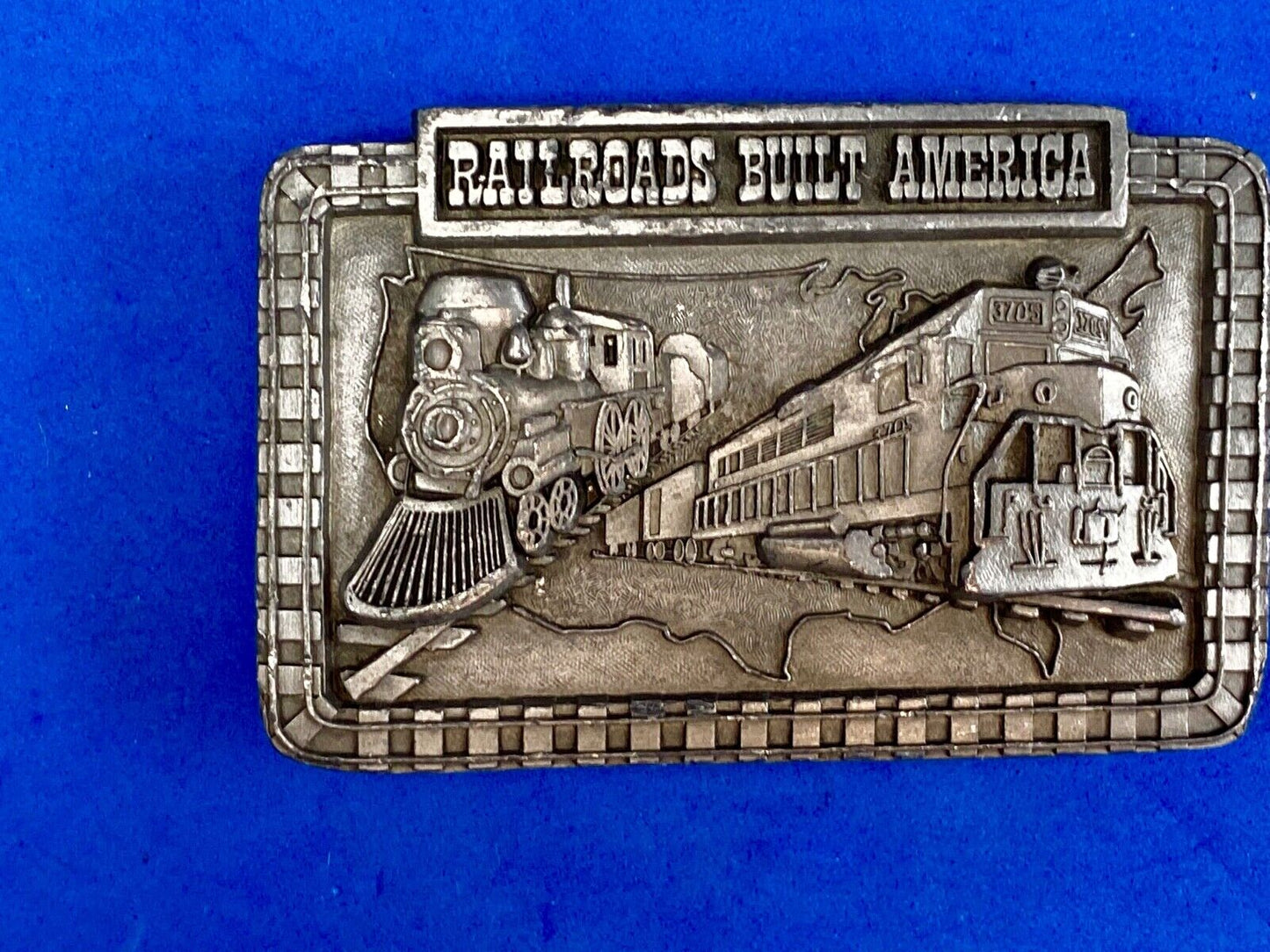 Vintage 1987 Railroads Built America Belt Buckle, RR Train Steam Engine