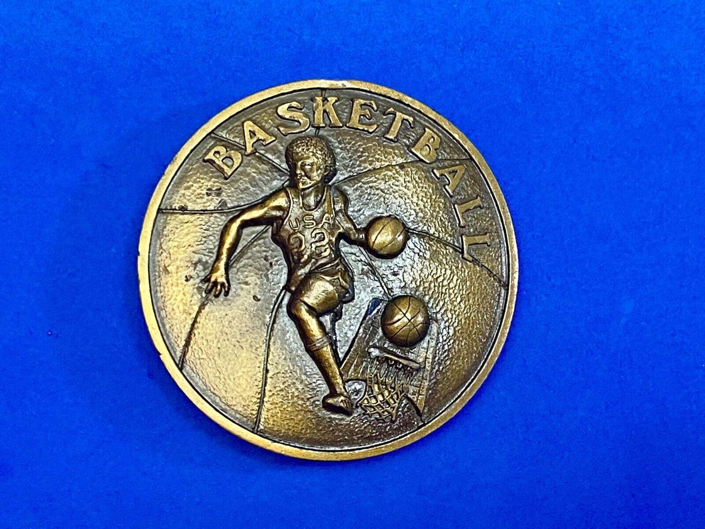 Vintage 1978 Retro Round Basketball Player Belt Buckle By Indiana Metal Craft