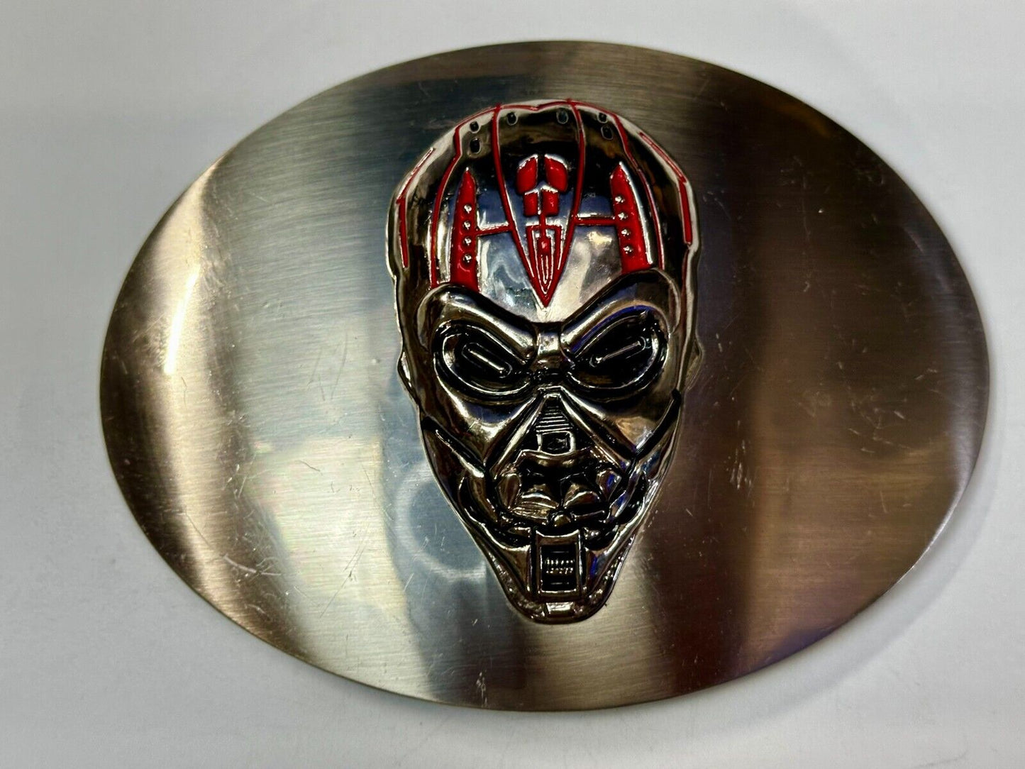 Terminator Skull Head Gothic Vibe Silver Tone Biker HUGE oval Belt Buckle