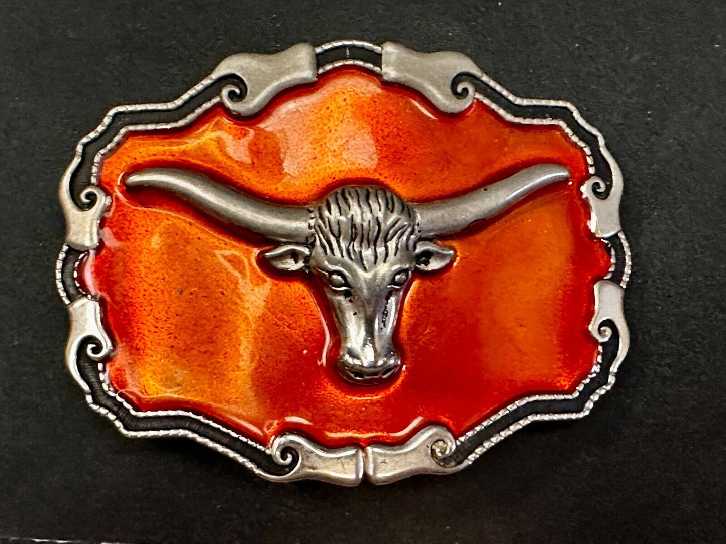 Texas Longhorn Cow Head Steer Orange Enameled Western Cowboys Rodeo Belt Buckle
