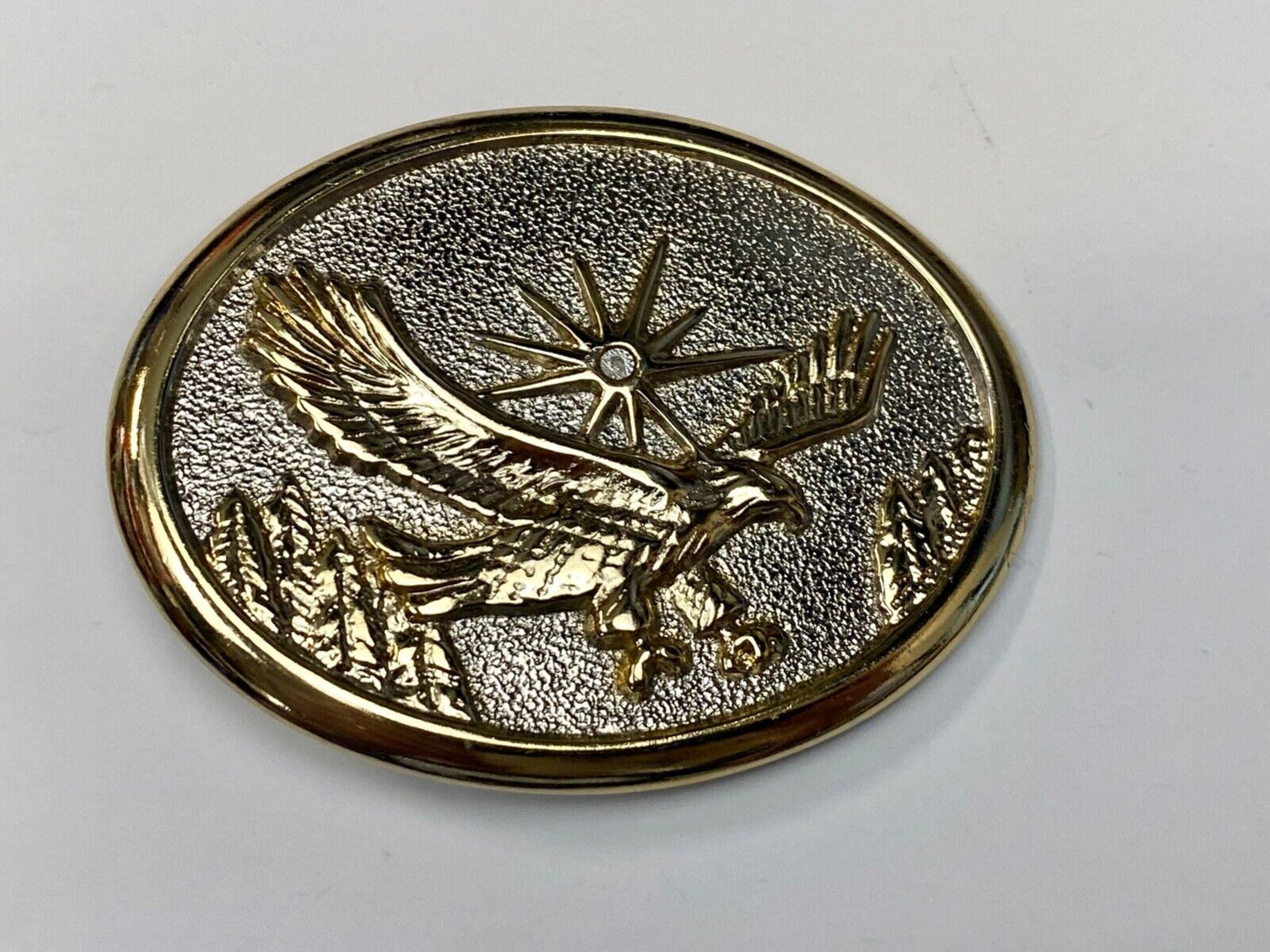 Vintage Eagle Flying Over Mountains W/ Sunburst two tone oval belt buckle