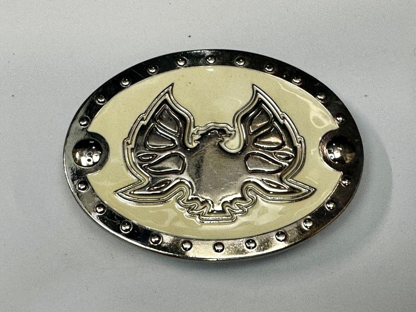 Thunderbird Eagle? Cream Color Enamel Studded Oval Silver Tone Belt Buckle