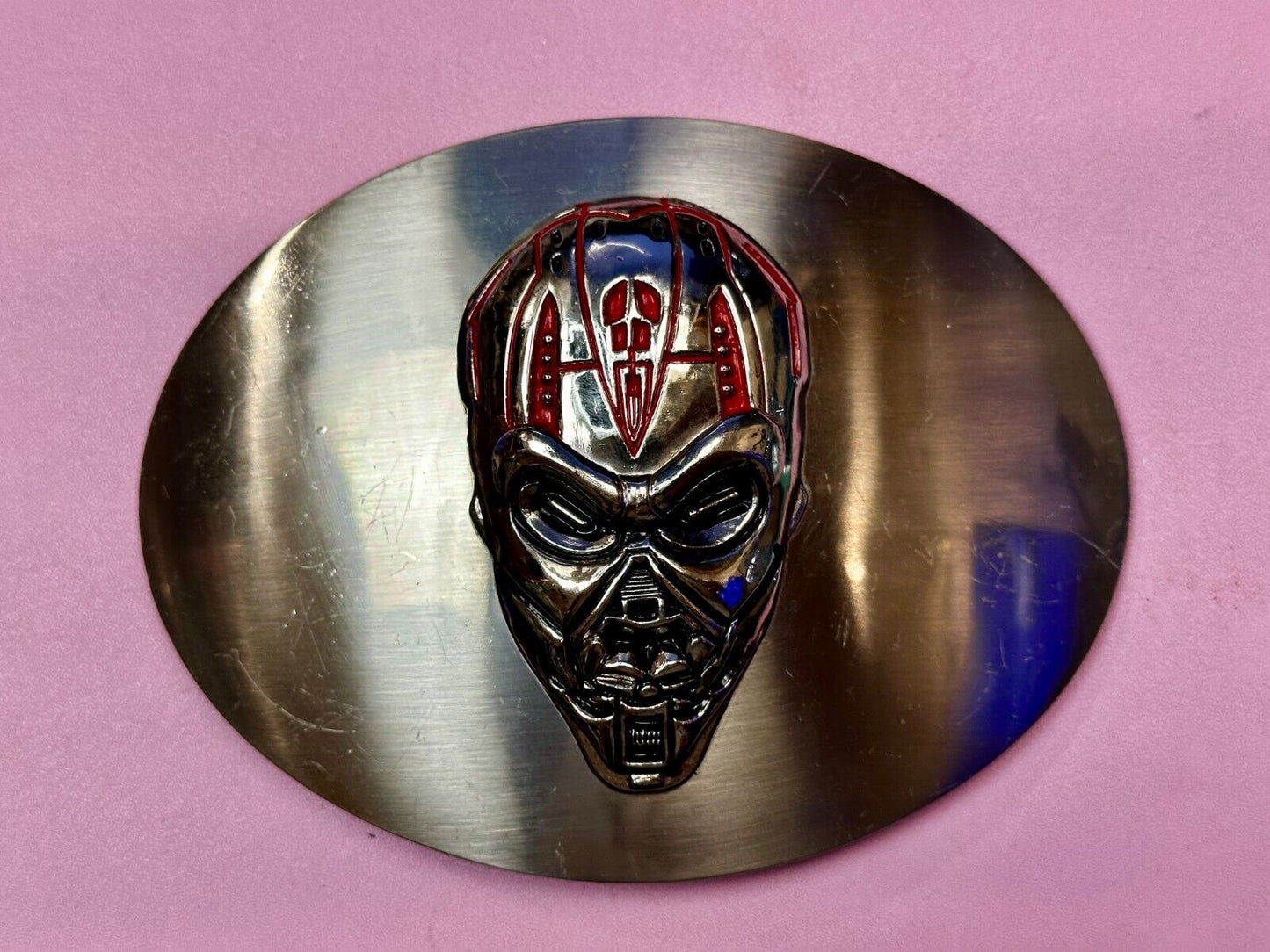Terminator Skull Head Gothic Vibe Silver Tone Biker HUGE oval Belt Buckle