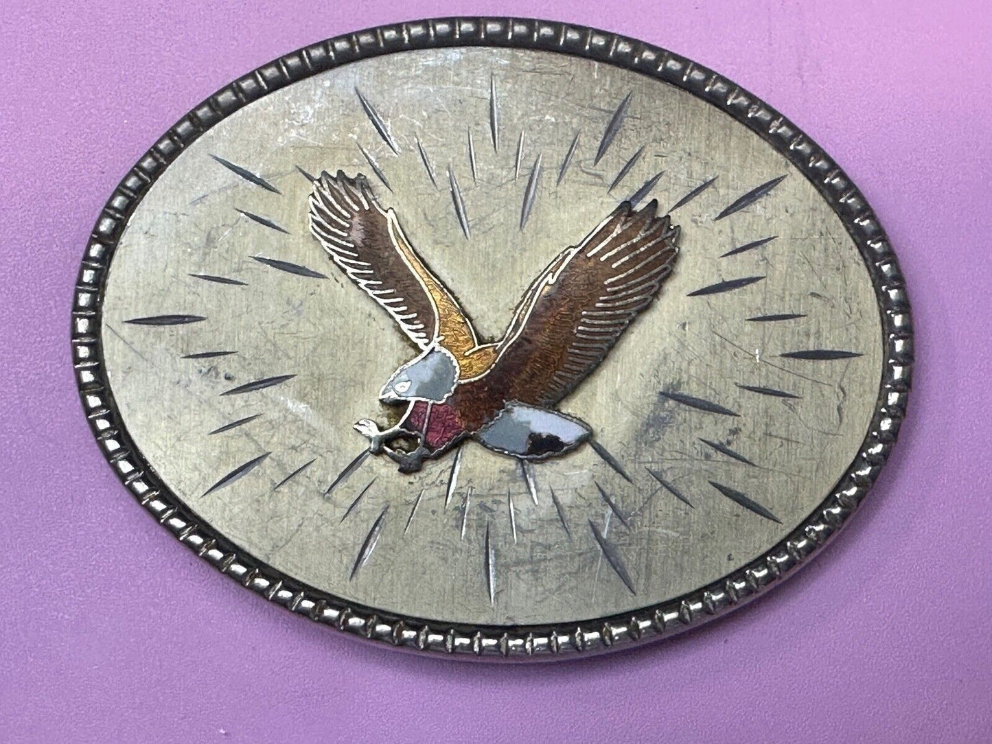Vintage EAGLE flying High western etched Burst Pattern belt buckle Marked Taiwan