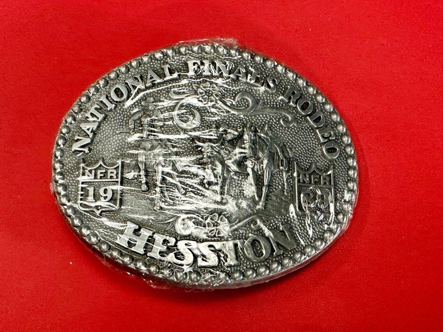 1989 Adult Size Hesston National Finals Rodeo Bull Riding Cowboys belt buckle