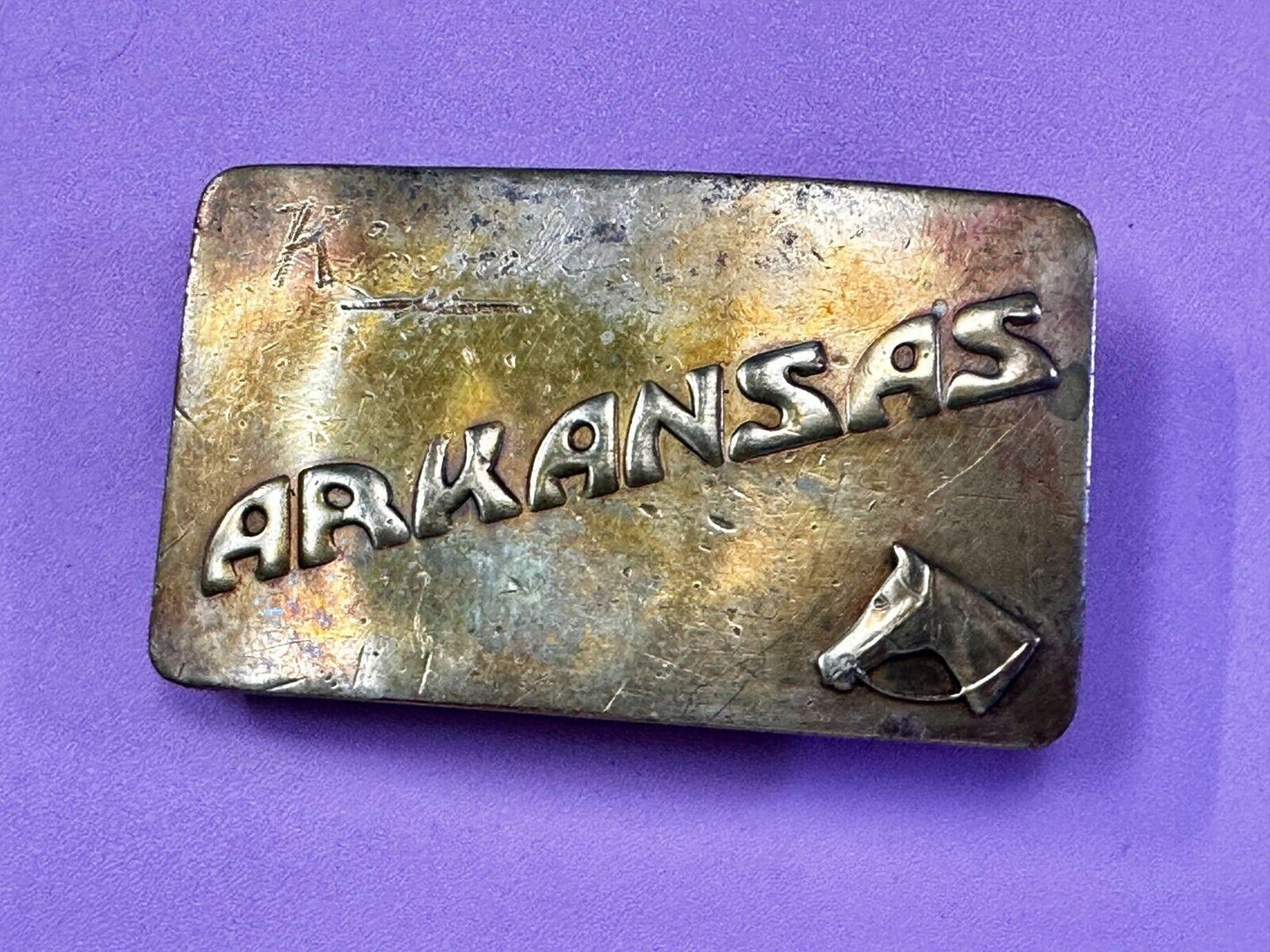 ARKANSAS State Horse Head BrassTone Commemorative Vintage Belt Buckle