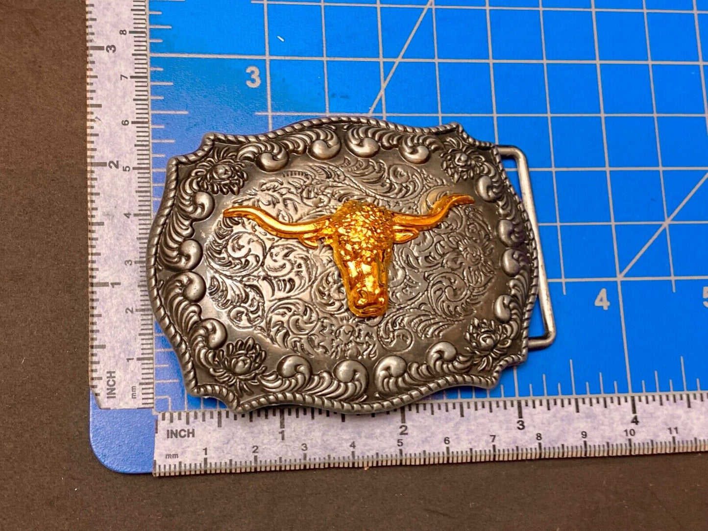 Texas longhorn western raised steer cow two tone 3.5" wide belt buckle