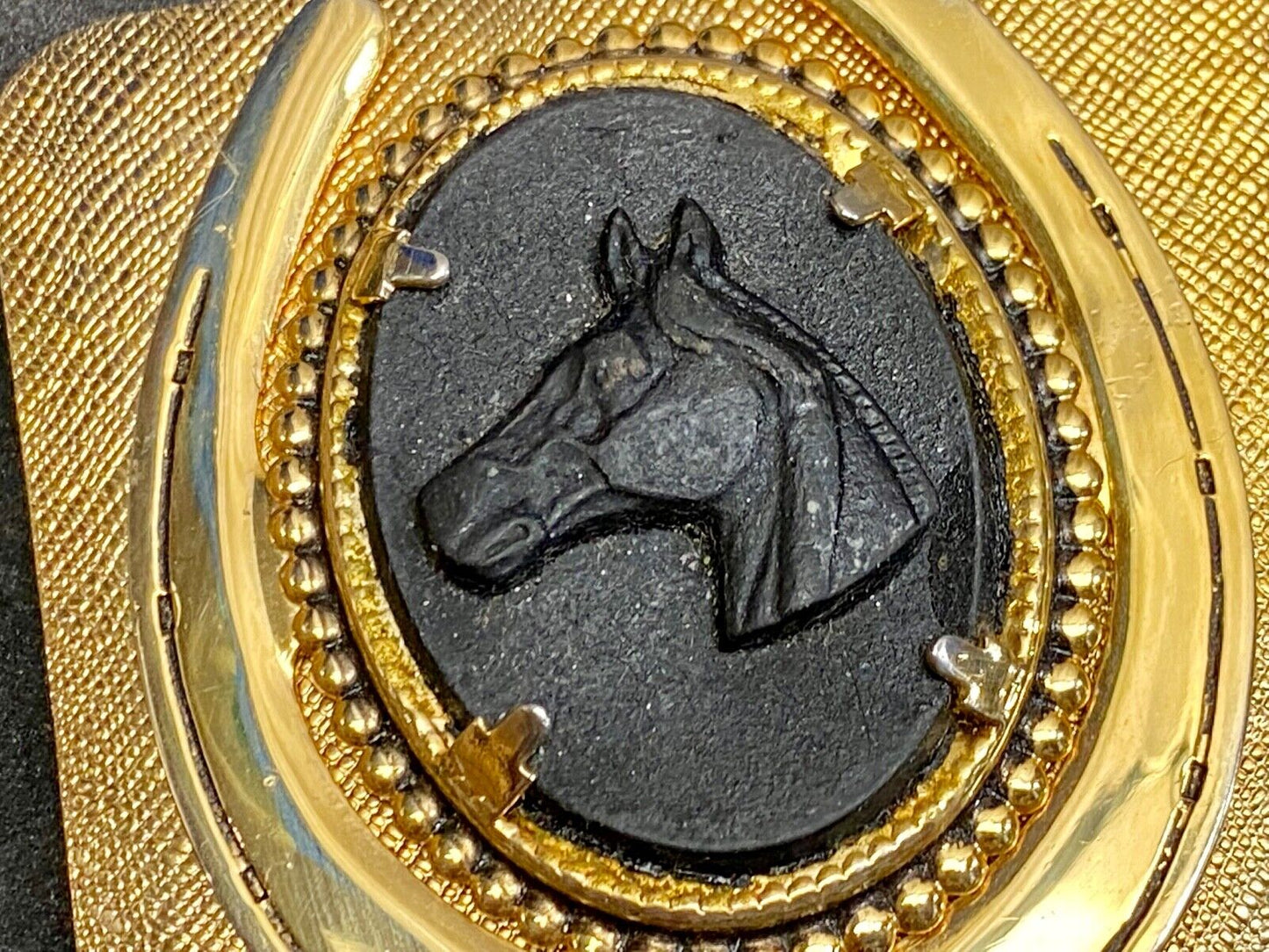 Black Horse Head And Saddle As Centerpiece In Western Gold Tone Belt Buckle