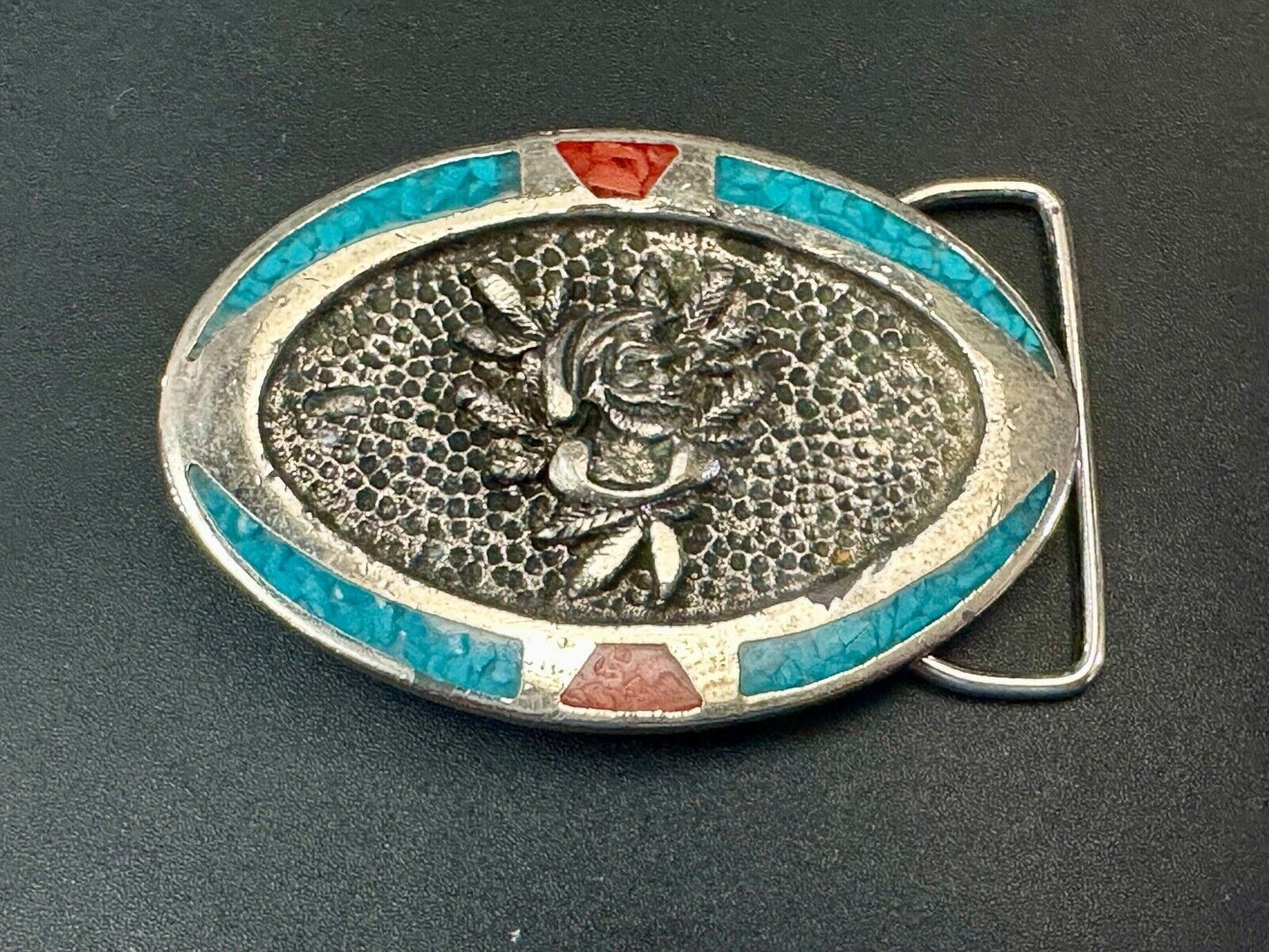 Beautiful ROSE flower Crushed Turquoise and Coral chip Boarder belt buckle by TT
