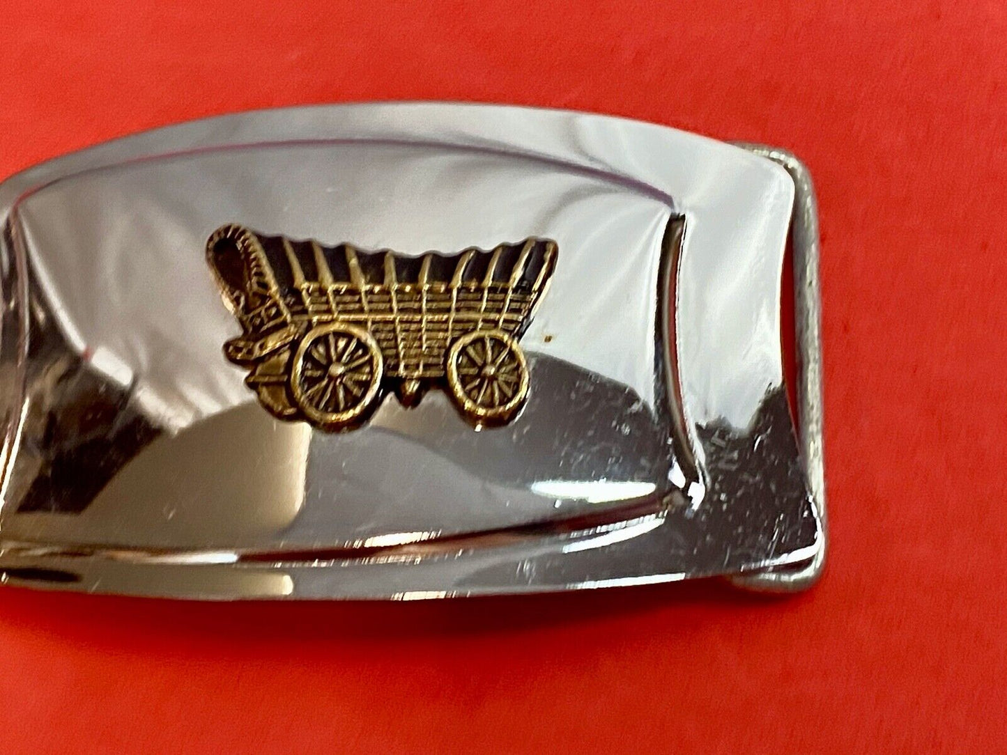 Vintage Covered Wagon Train Style Mirrored Belt Buckle Western Cowboy