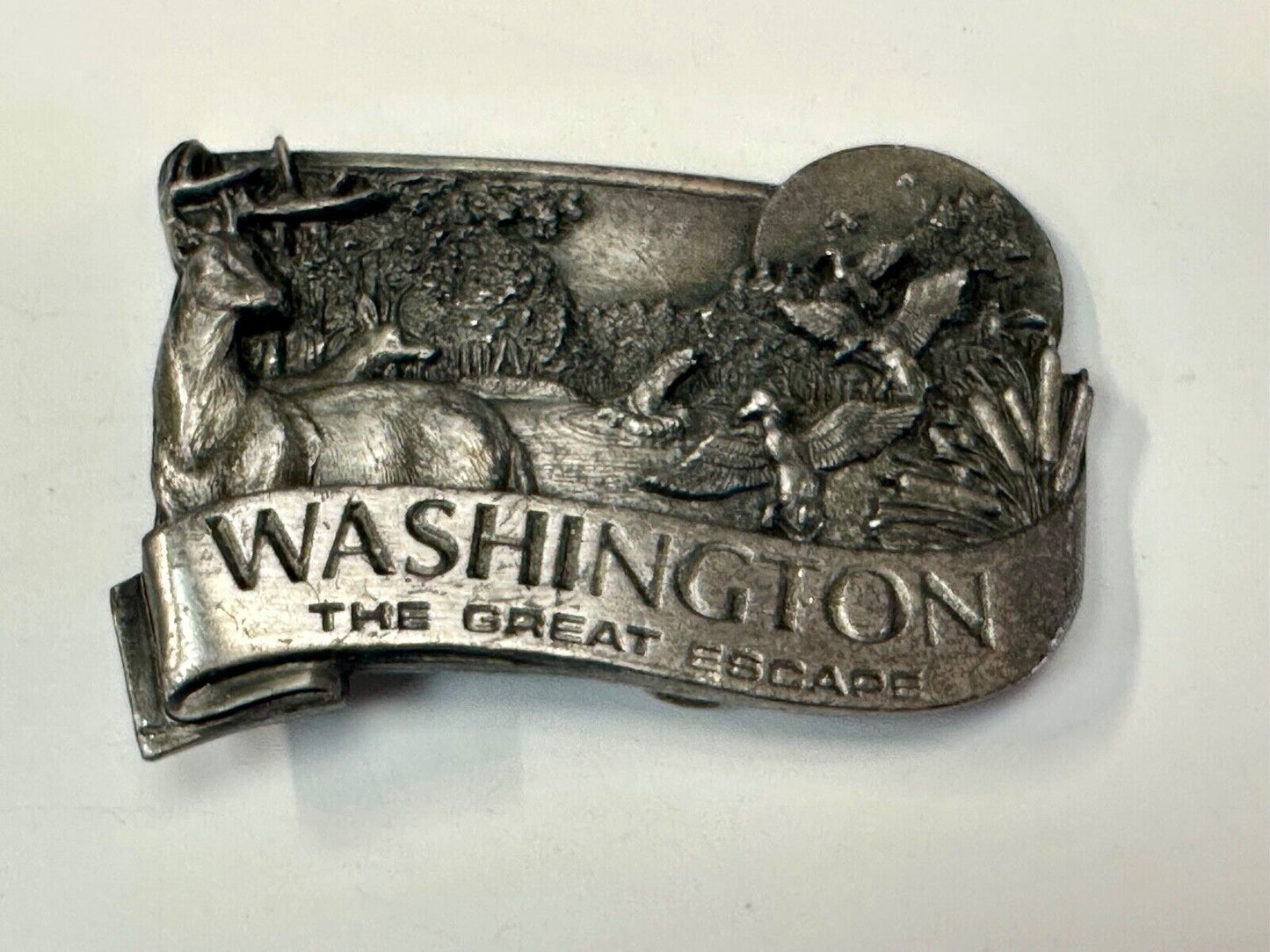 VINTAGE 1984 **WASHINGTON** THE GREAT ESCAPE PEWTER BELT BUCKLE BY BERGAMOT