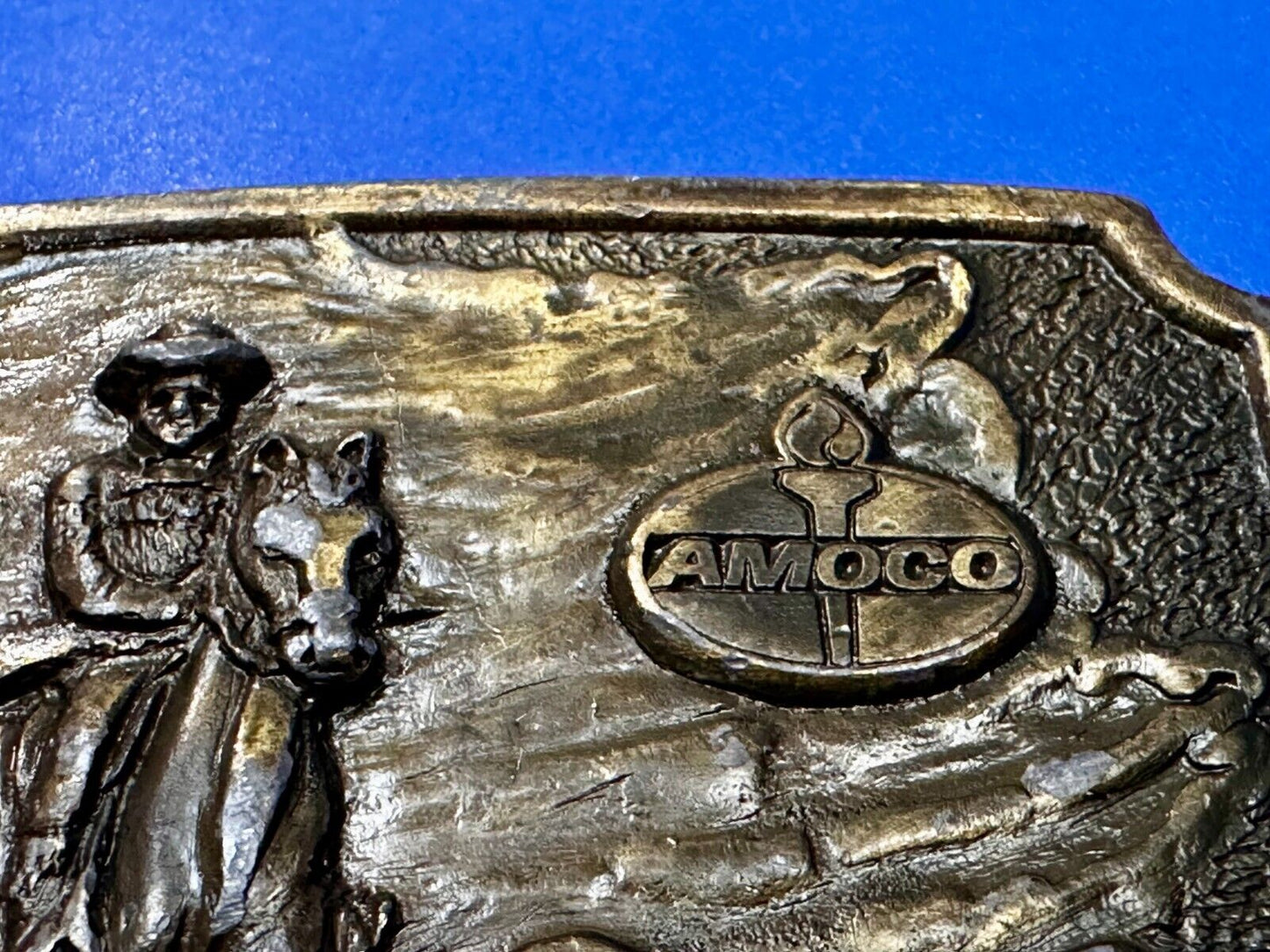 Amoco Oil Tall in the Saddle Wagon Brass Tone Western Cowboy Horse Belt Buckle