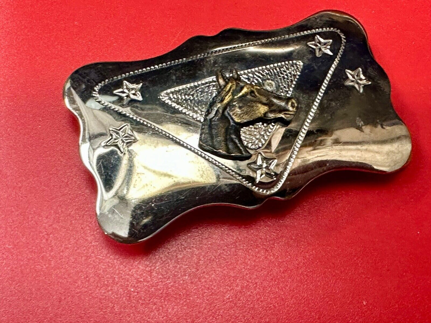 Vintage Chambers Horse head on reflective engraved USA made western Belt Buckle