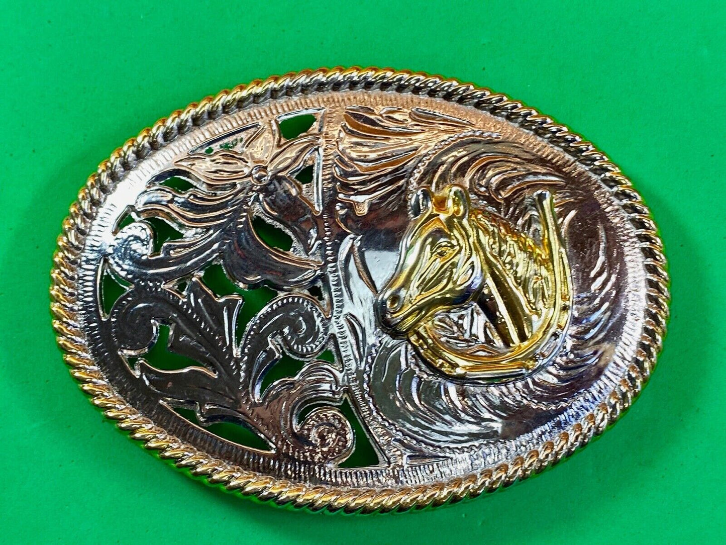 B22 See Through Two Tone Belt Buckle Featuring Horse Bust Head Flower Swirl