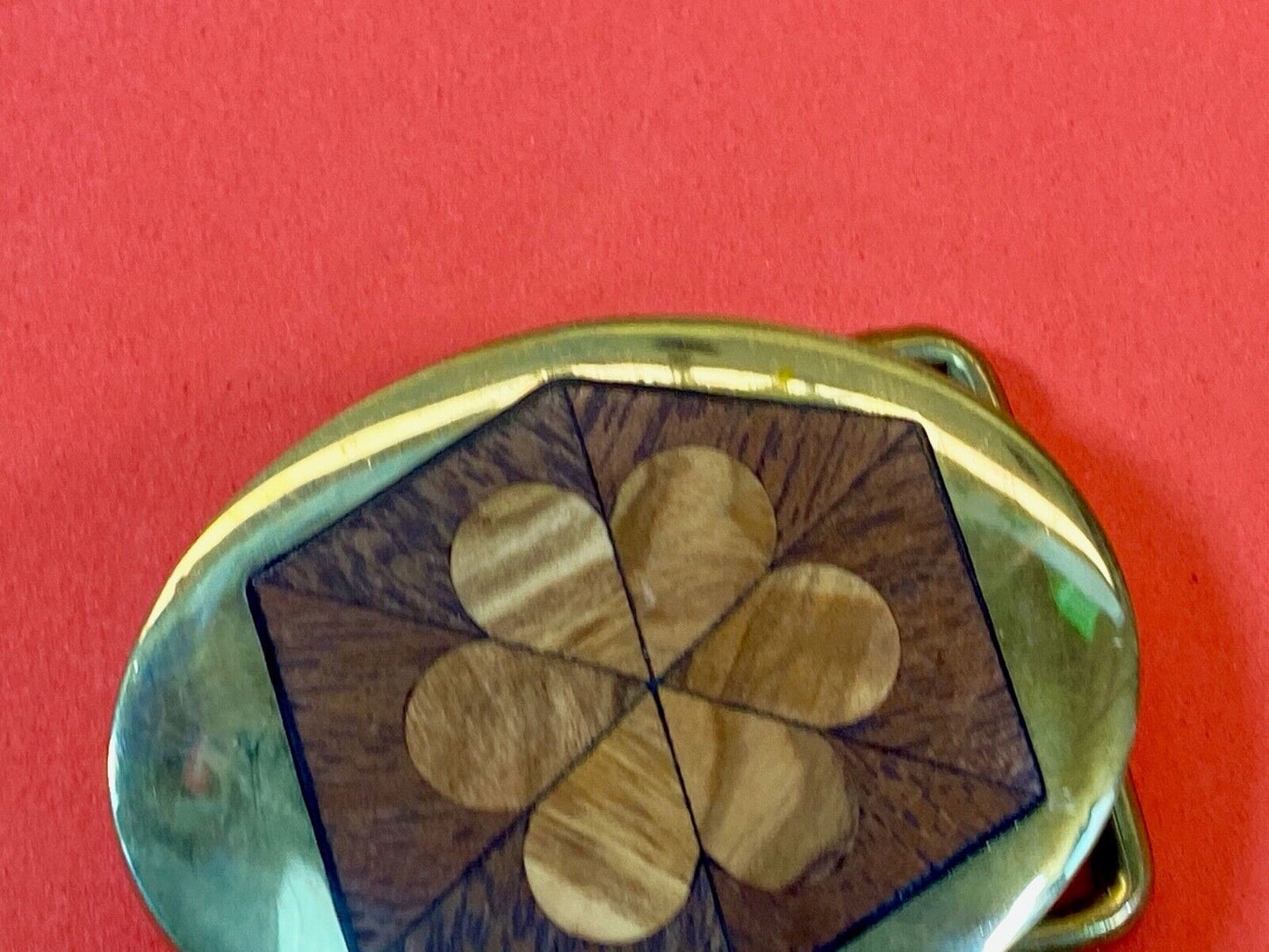 Vintage Brass With Wood Inlaid Mixed Flower Design Belt Buckle