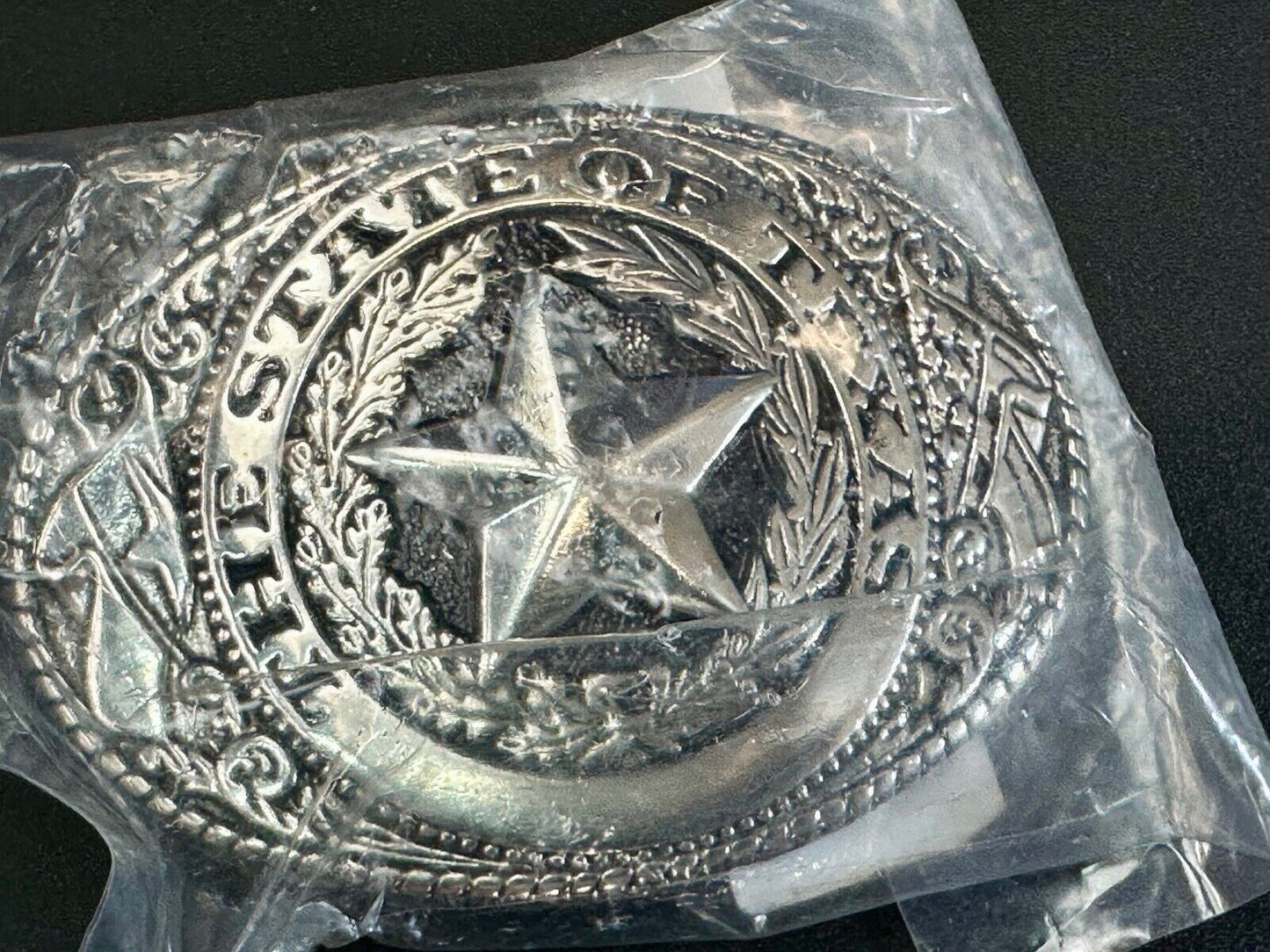 The Great State of Texas - Lone Star Flags seal silver tone NOS belt buckle