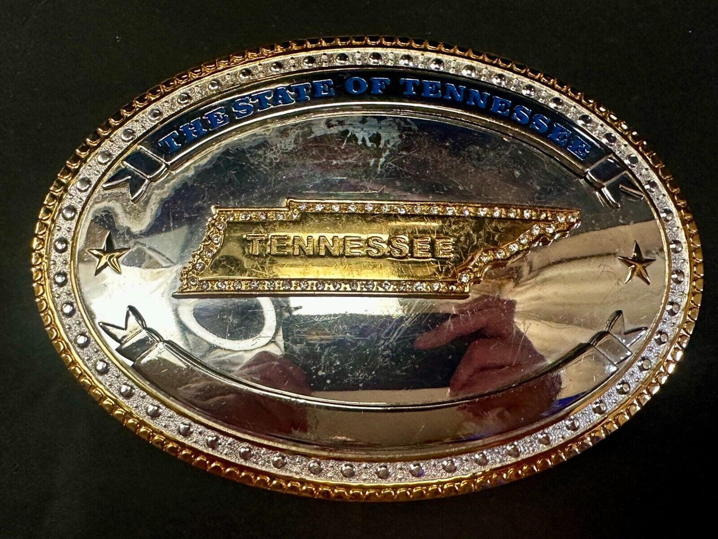 The State of Tennessee with Rhinestone Accents Two Tone Large Belt Buckle by ATI