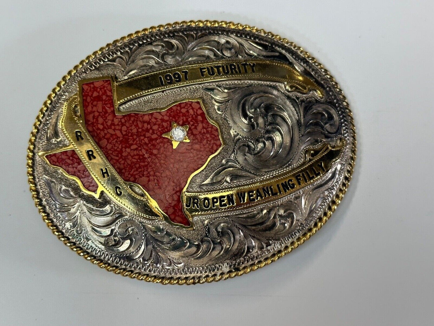TEXAS Inlaid Coral Chip JR Open Weanling Filly 1997 Futurity Trophy belt buckle