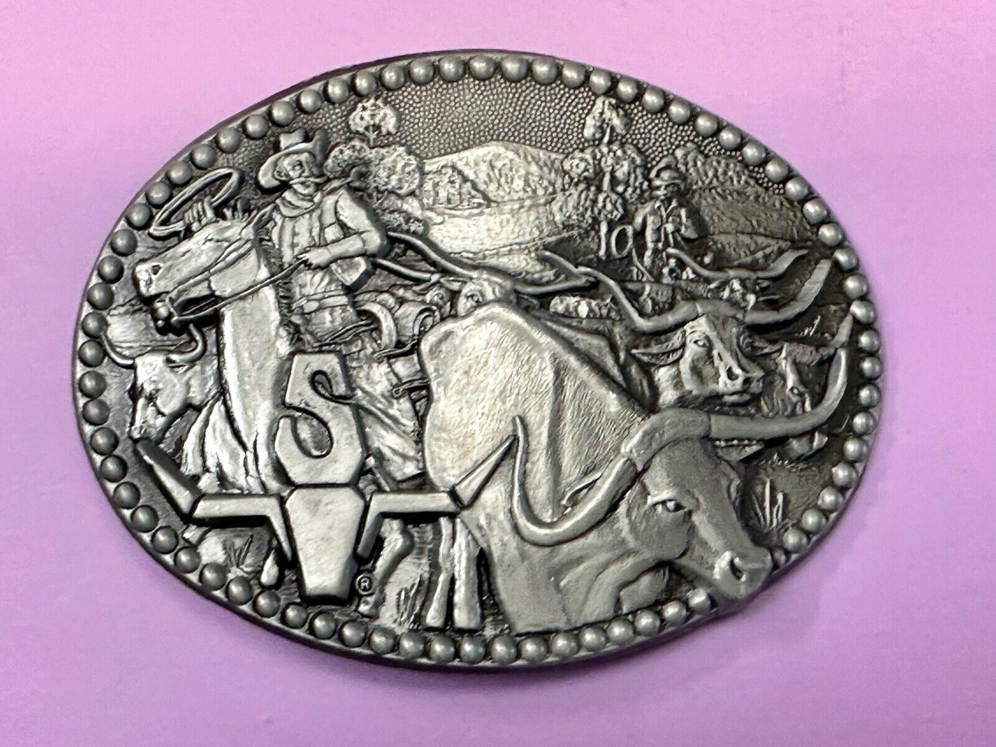 Vintage ADM Zee Series Belt Buckle Cowboys Longhorn Cattle Drives Western