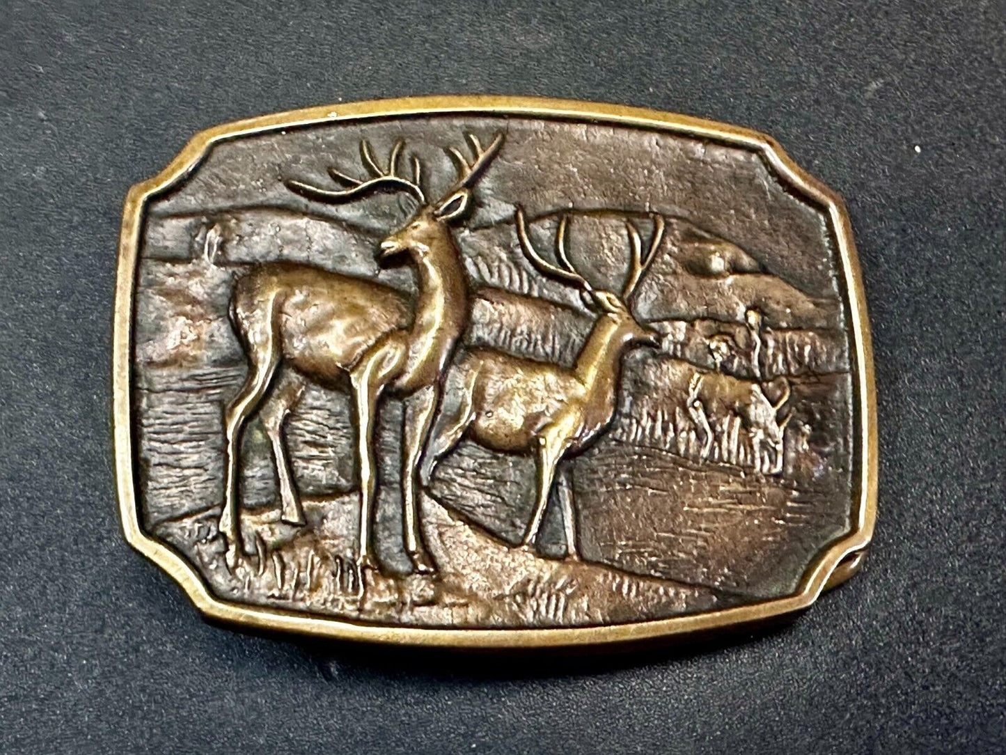 Vintage 1978 BTS Solid Brass Belt Buckle Deer Buck Running Wilderness Made USA