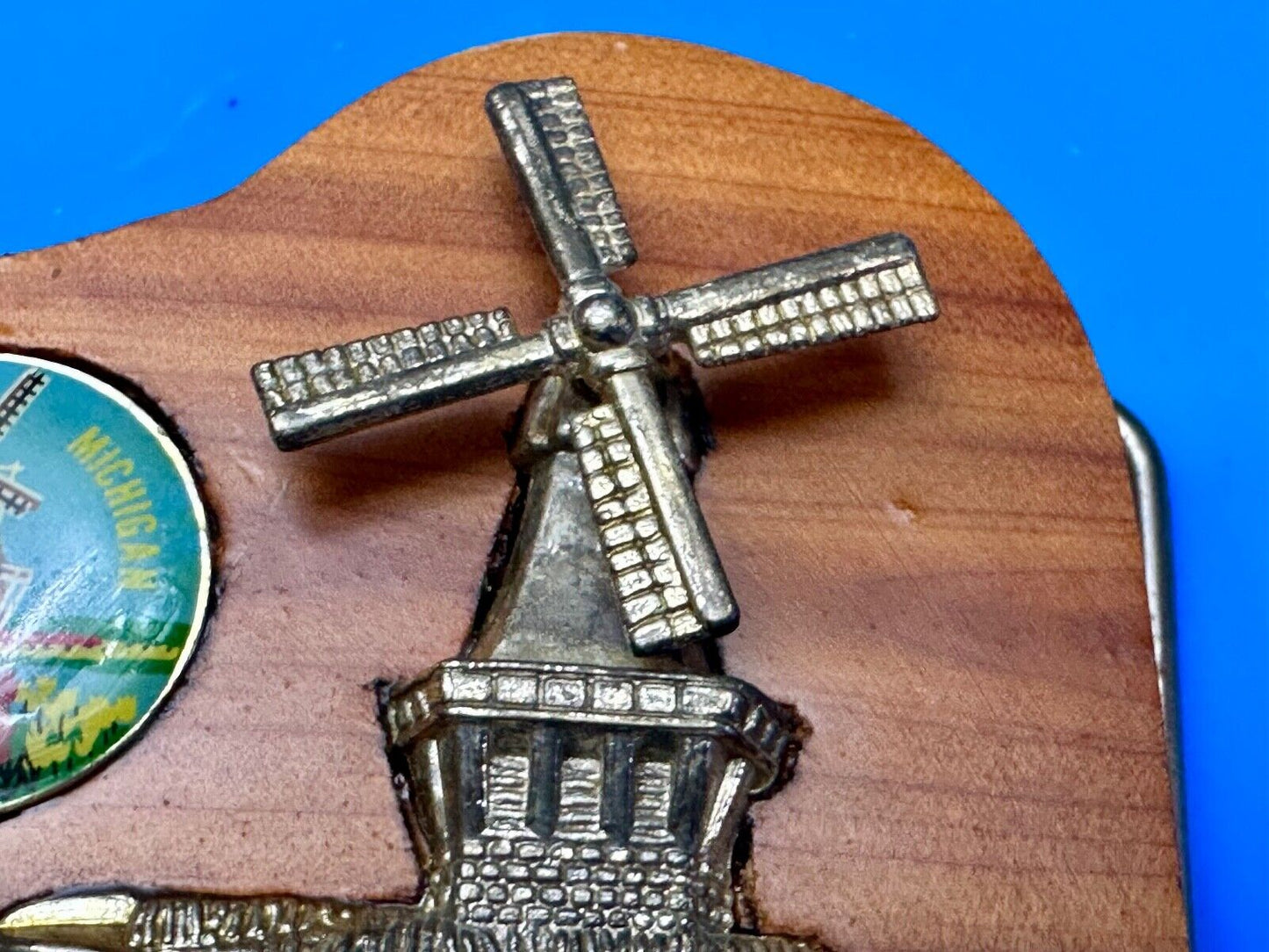 Vintage Artisan Inlaid Holland Michigan Pin and windmill Into wooden Belt Buckle