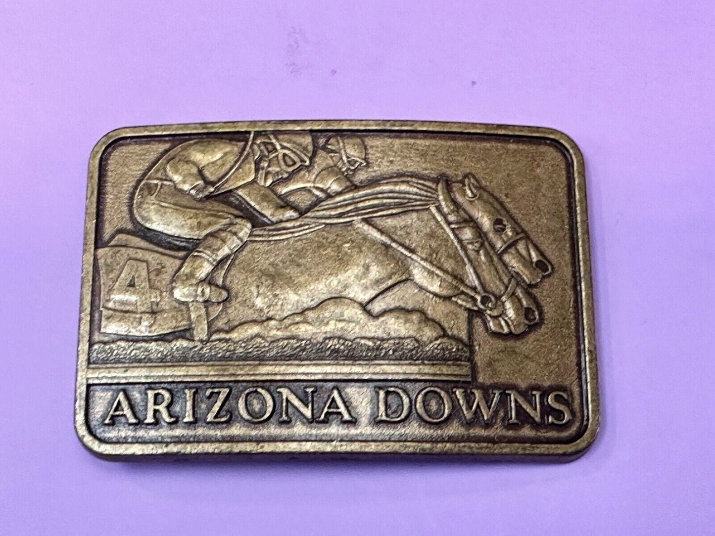 Vintage Arizona Downs Jockeys on Horses Racetrack vtg. Brass Tone Belt Buckle