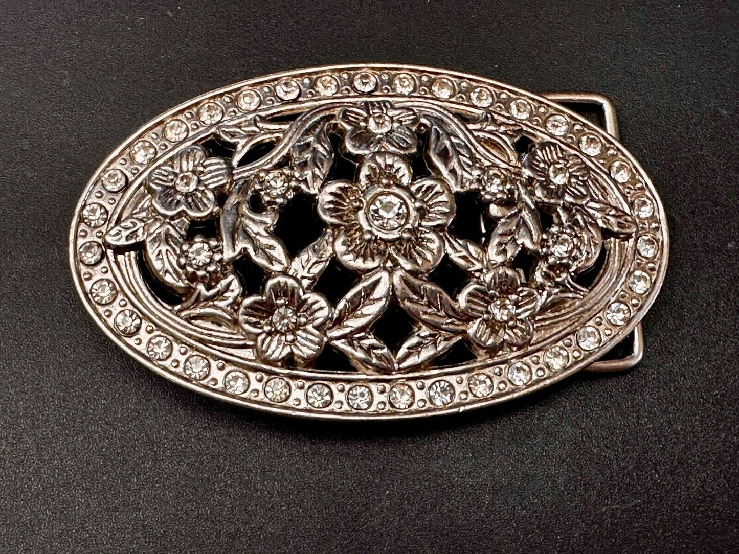 Swirl Flower Ornate Openwork Rhinestone Border Accent Silver Tone Belt Buckle