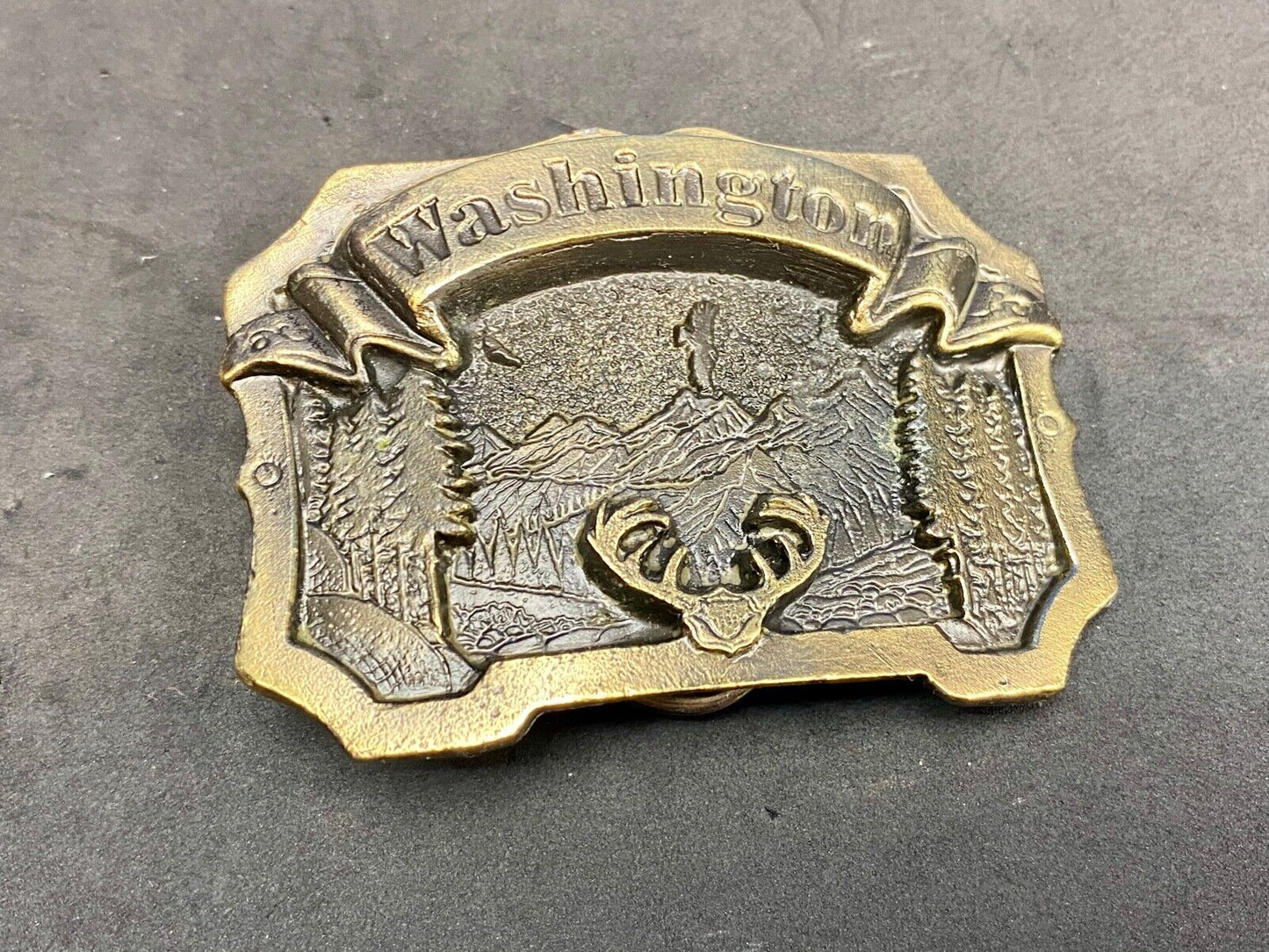 Vintage 1980 The State Of Washington, Deer In Pine Tree Forrest Belt Buckle