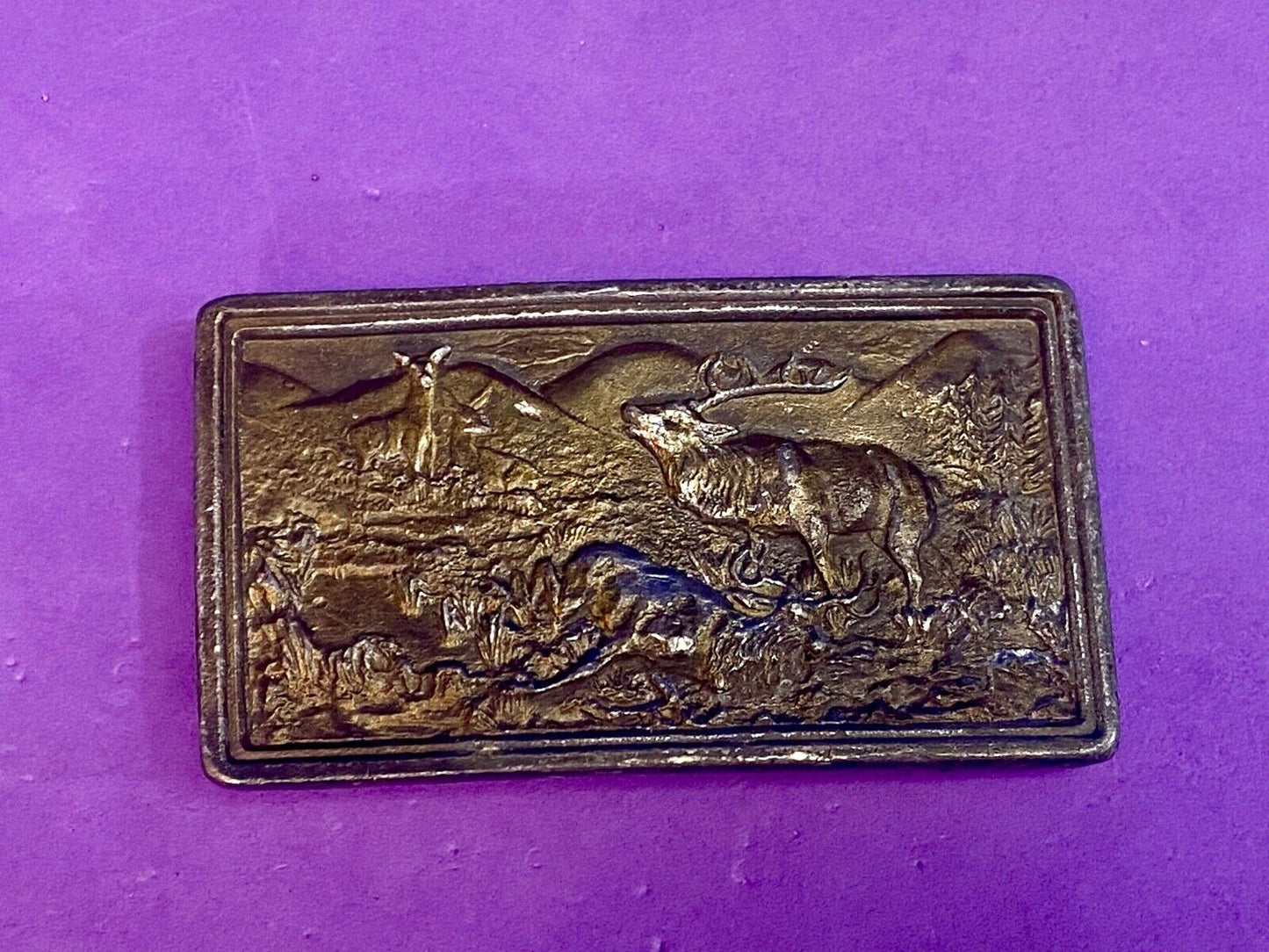 Vintage 1977 Elk Deer Hunting In Nature Belt Buckle By Bergamot Brass Works
