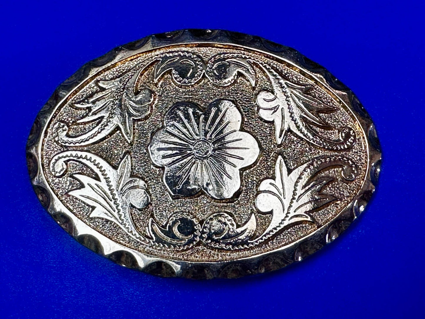Vintage Etched Flower Floral Theme Western Oval Gold Tone Belt Buckle