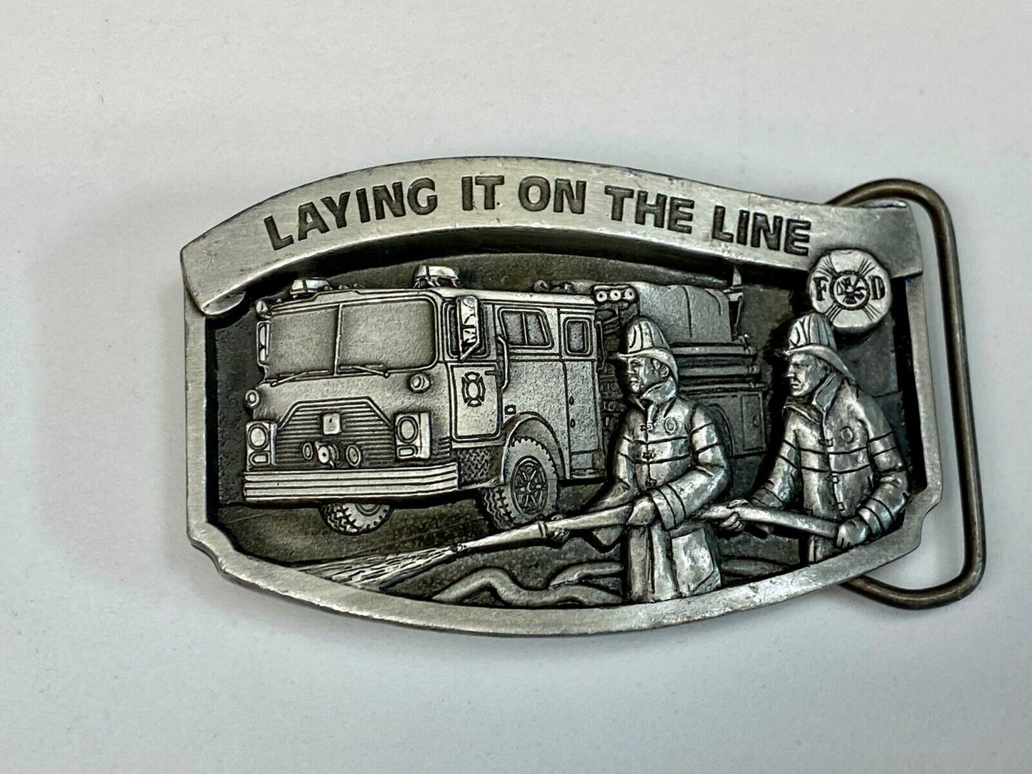 Vintage 1992, Laying it on the line fire department pewter belt buckle