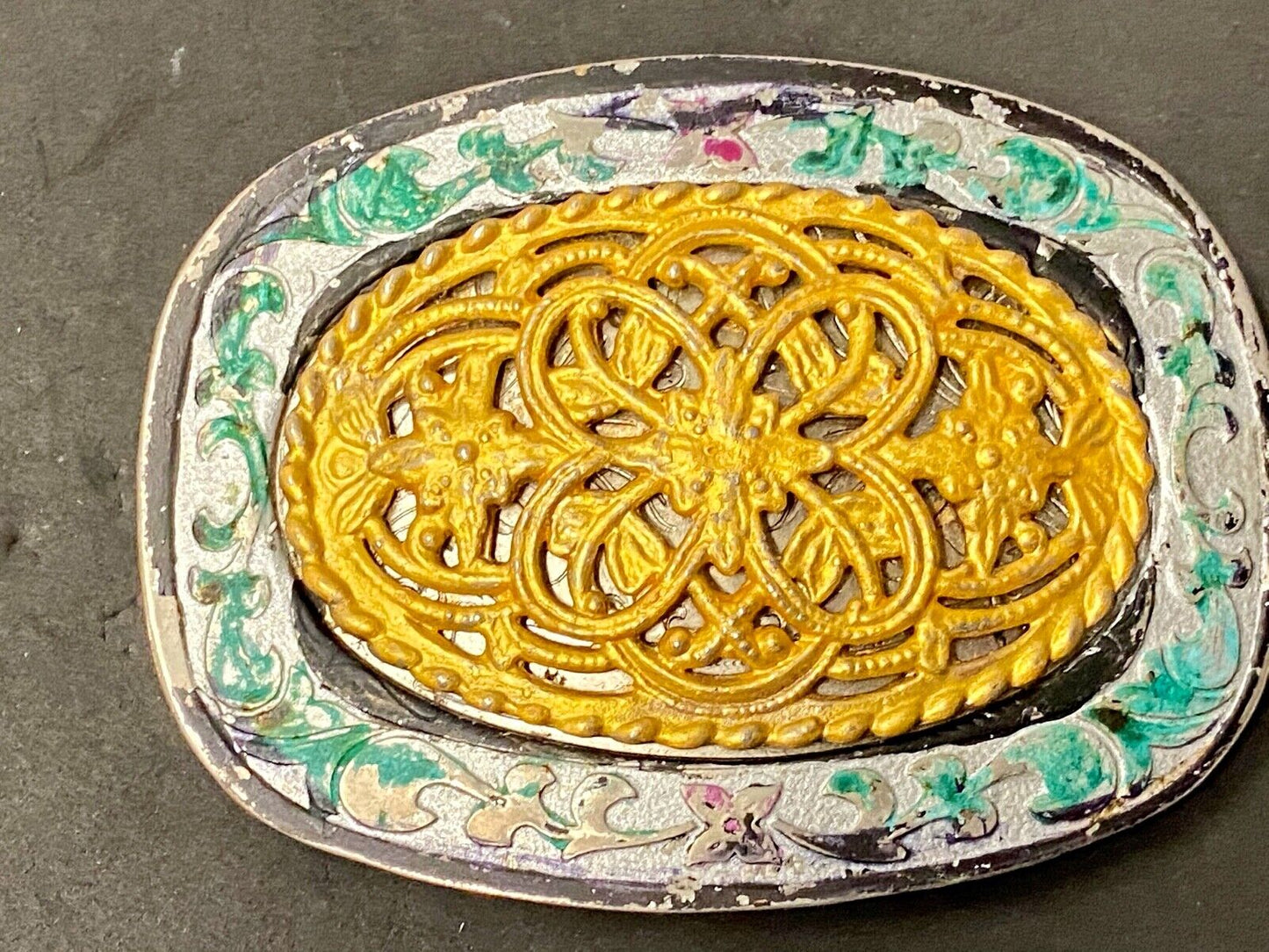 Vintage 4" wide western belt buckle with flower swirl