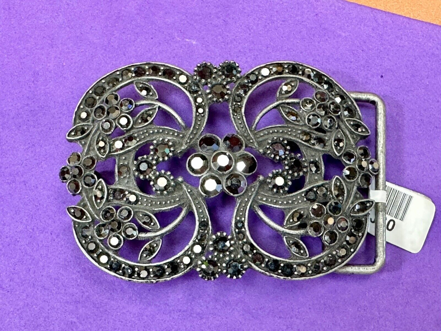 Black rhinestone accented metal flower pattern NOS Funky Junque belt buckle