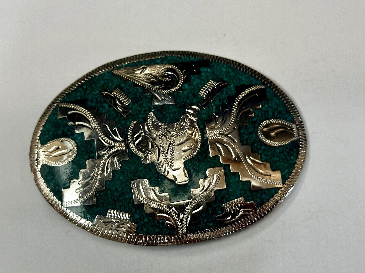 Beautiful Horse Saddle Alpaca Inlaid Southwestern Belt Buckle see magnified view