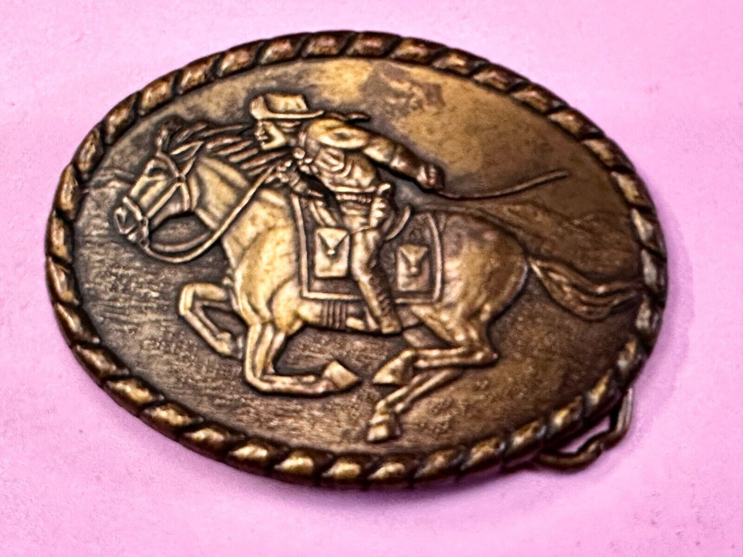 Vintage 1981 Pony Express Rider Mervyn's Commemorative Brass Tone Belt Buckle