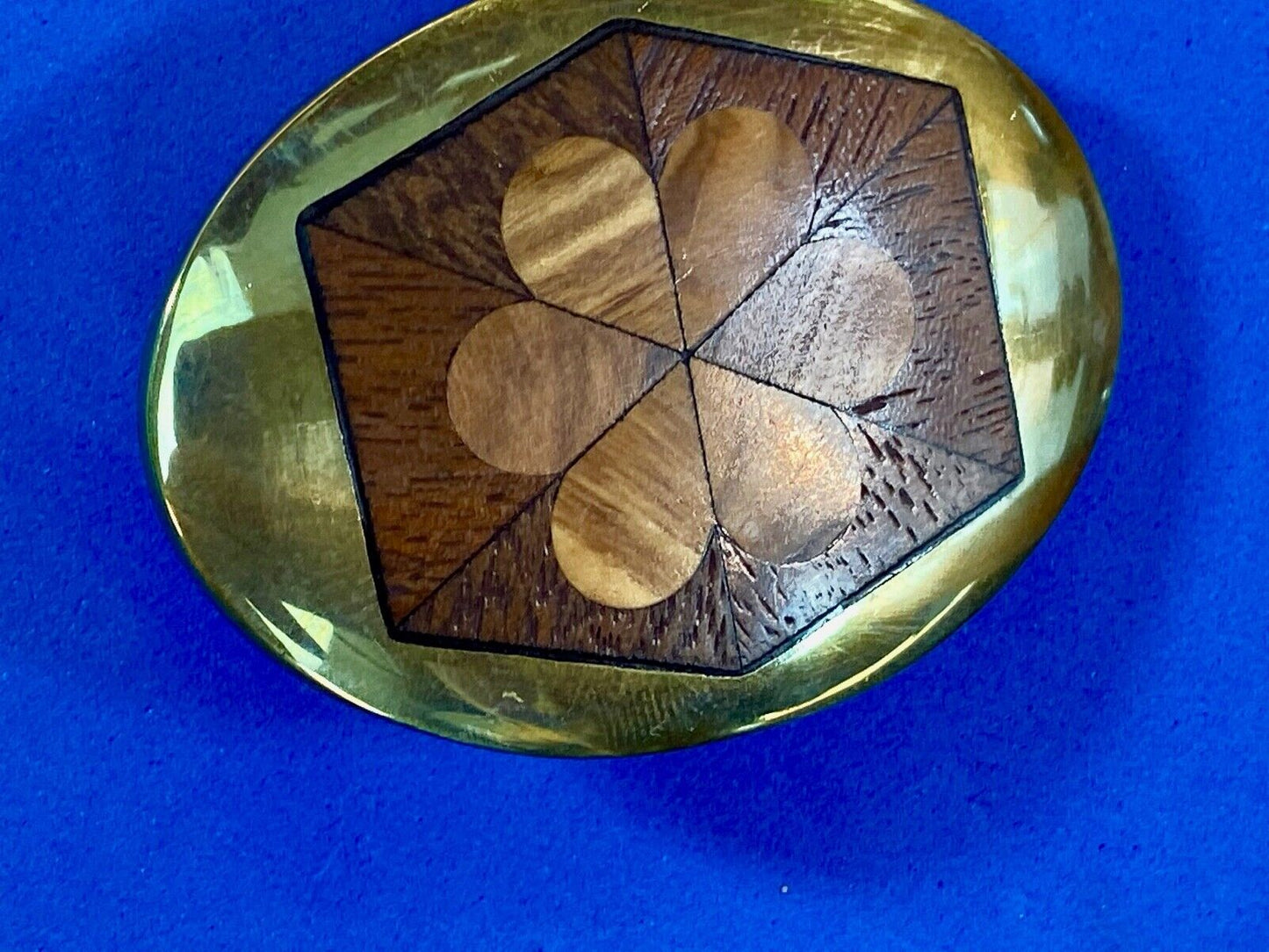 Vintage Brass With Wood Inlaid Mixed Flower Design Belt Buckle