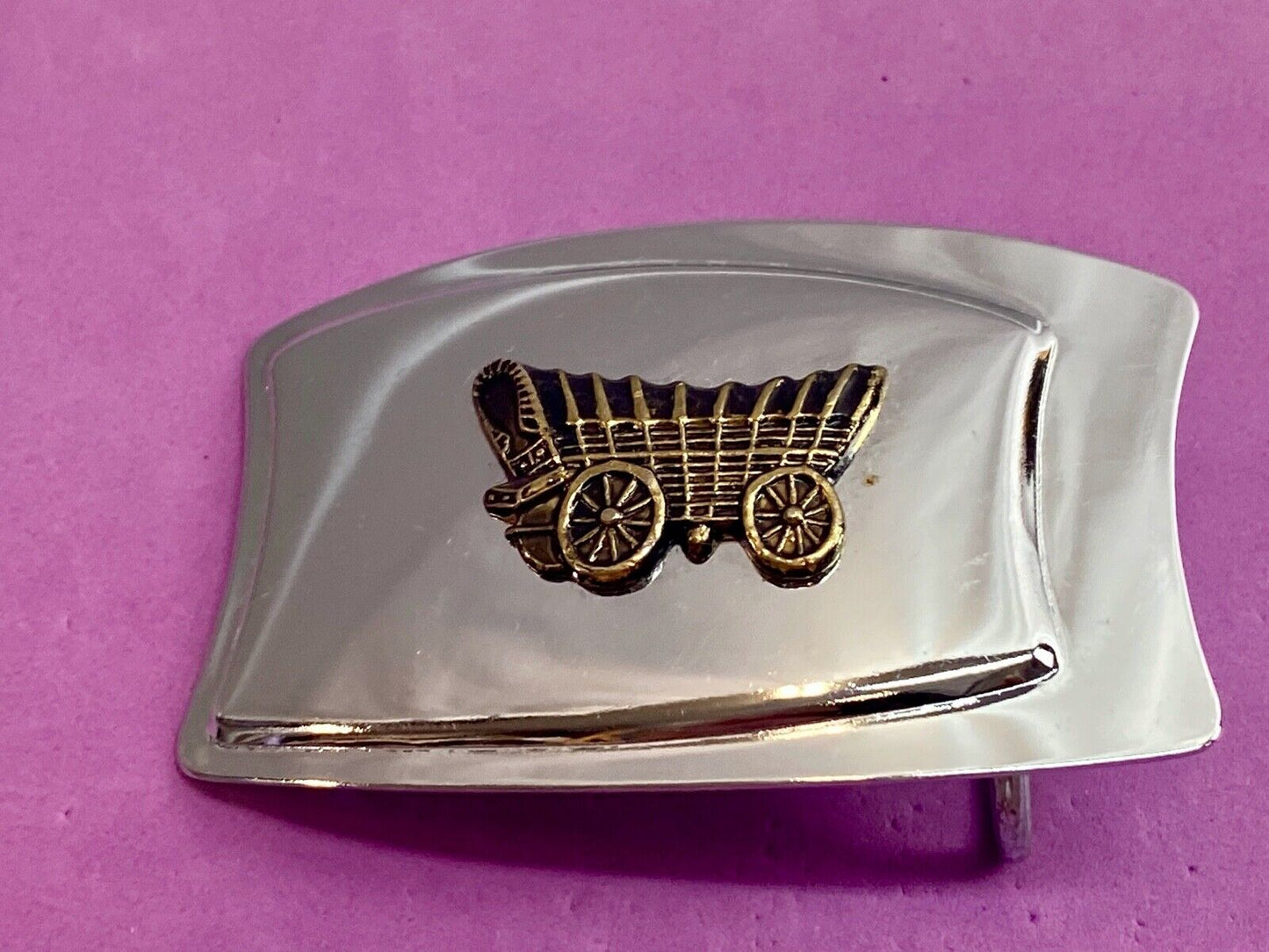Vintage Covered Wagon Train Style Mirrored Belt Buckle Western Cowboy