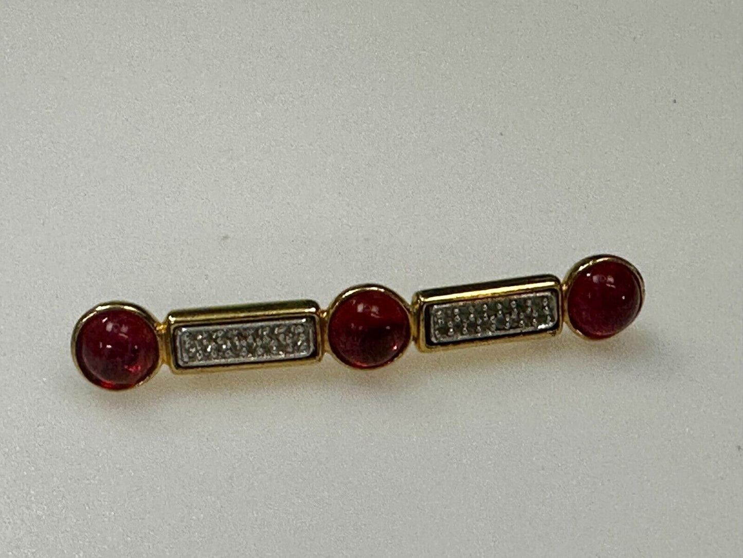 Three Red Round Glass? Vintage Gold Tone Bar Brooch Pin Signed by Ben-Amun