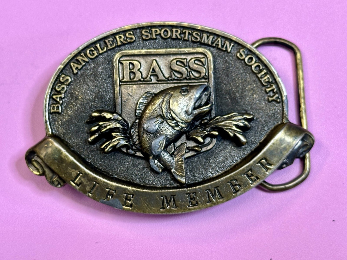 BASS Anglers Sportsman Society LIFE MEMBER Brass Tone Great American Belt Buckle