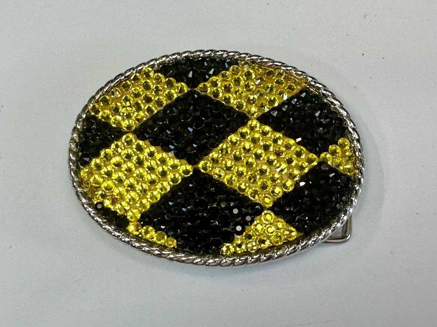 Black yellow rhinestone Jester Diamond Checkerboard pattern 3.5" belt buckle