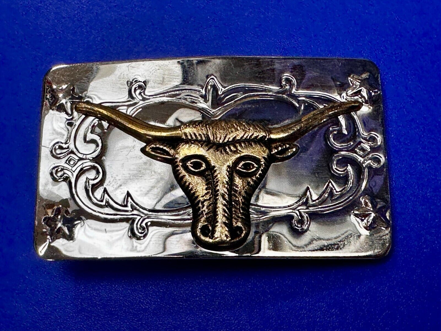 Texas Longhorn Steer Bull Rodeo Two Tone Ornate Western Small Vtg. Belt Buckle