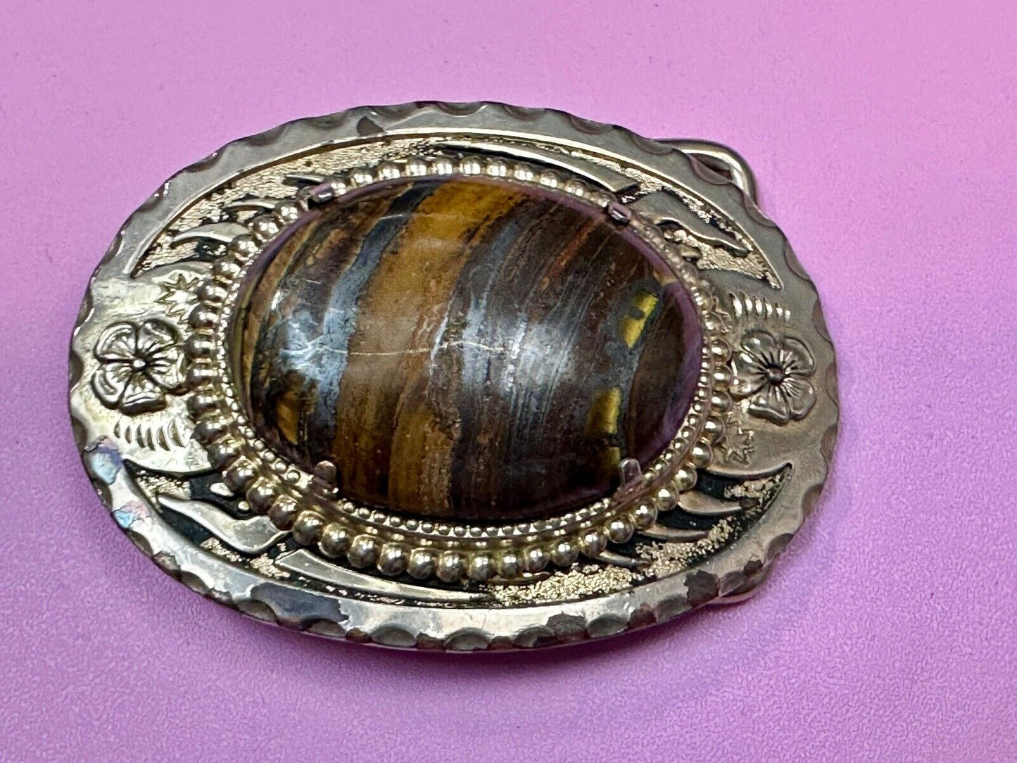 TIGER IRON Vintage Cabochon Cab Stone Centerpiece on Western Belt Buckle
