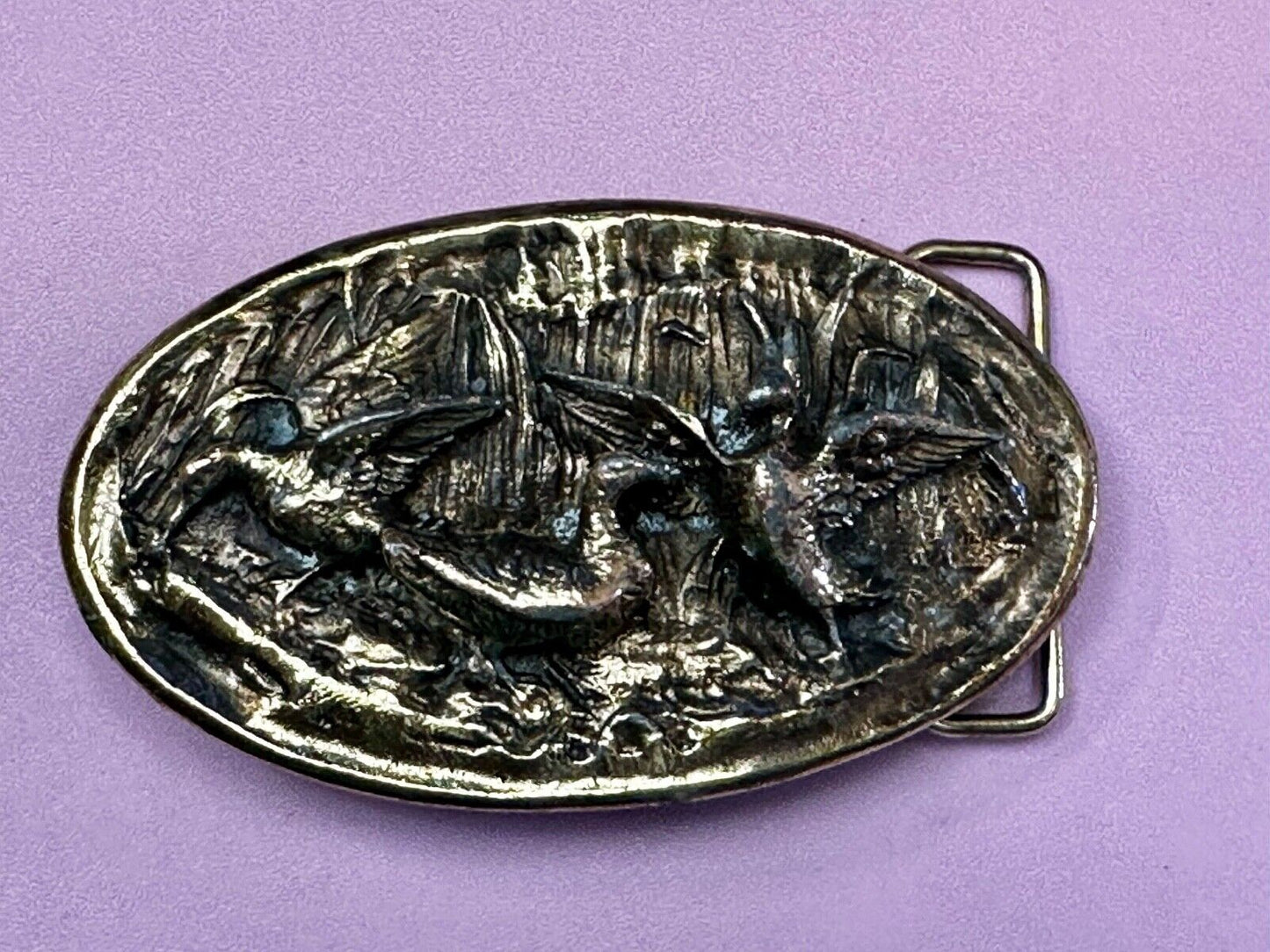 Two Ducks Frolicking In Pond Vintage 1970's Adezy Denver Belt Buckle