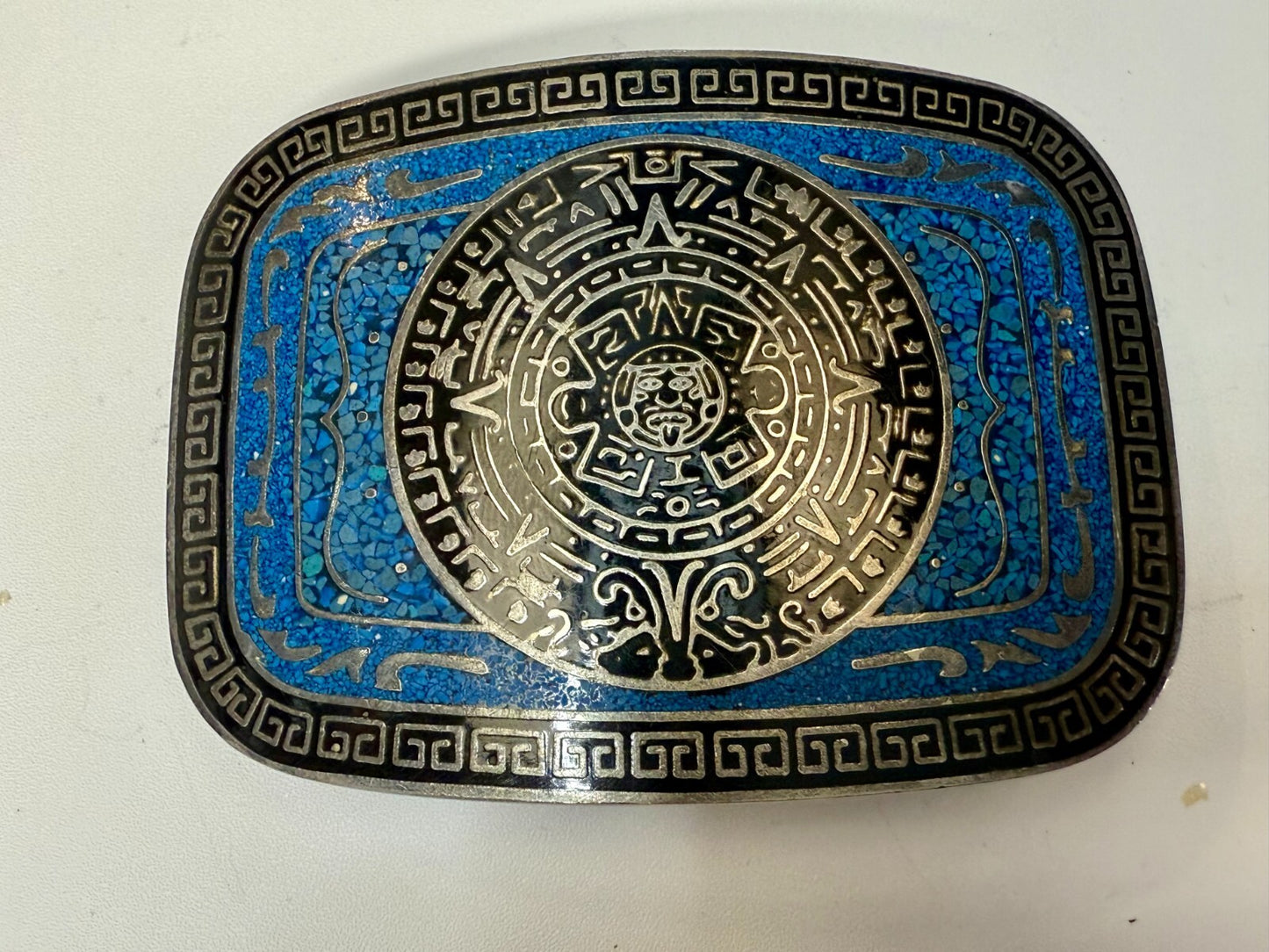 Aztec Mayan Calendar Turquoise Chip Inlay Tribal Art Belt Buckle Mexico Made