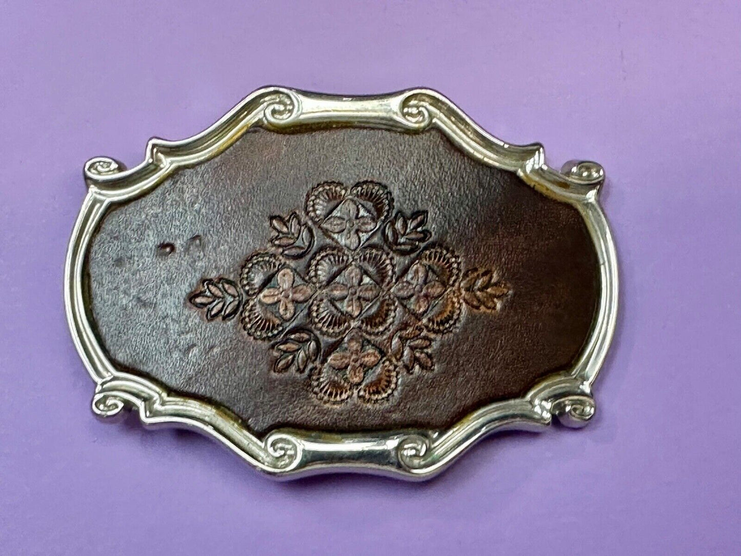 Vintage Brown leather flower pattern belt buckle made in Spain