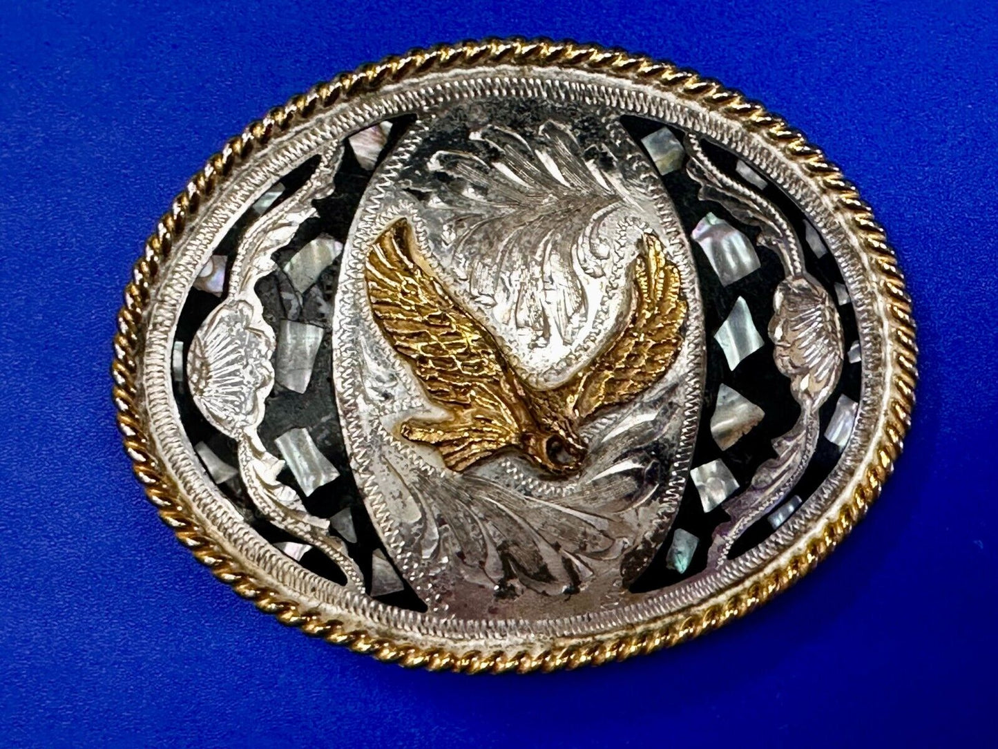 American Flying Hunting Eagle Abalone Shell Chunks Alpaca Mexico Belt Buckle