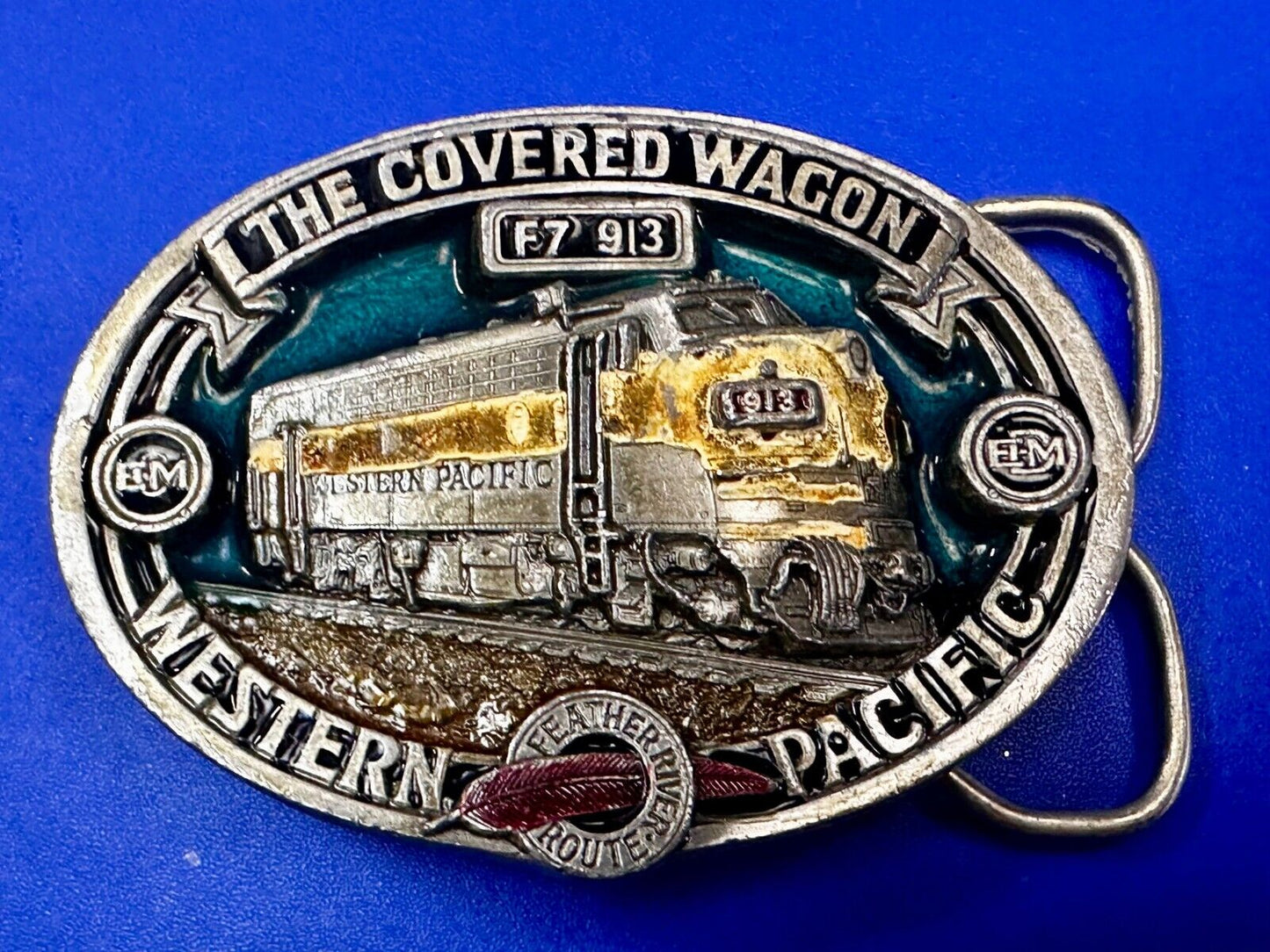 The Covered Wagon Western Pacific Train RR F7 913 EMD VTG 1986 Belt Buckle by CJ