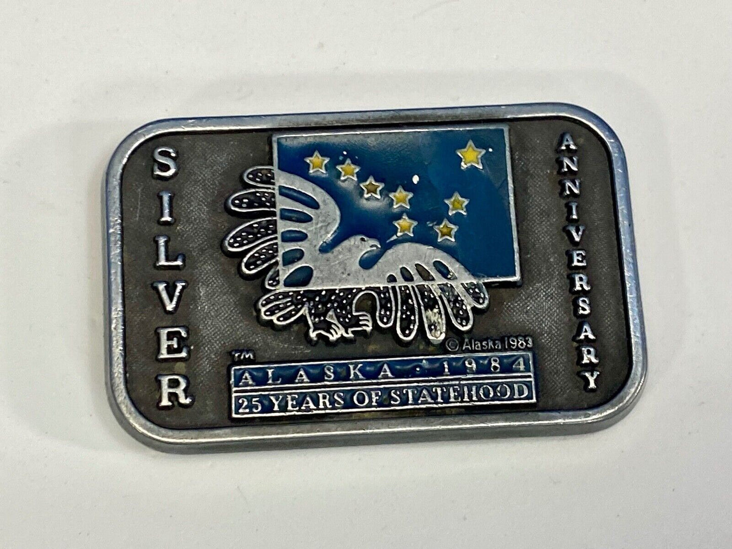 Vintage 1983 Alaska State, Silver Anniversary 25 Years Of Statehood belt buckle