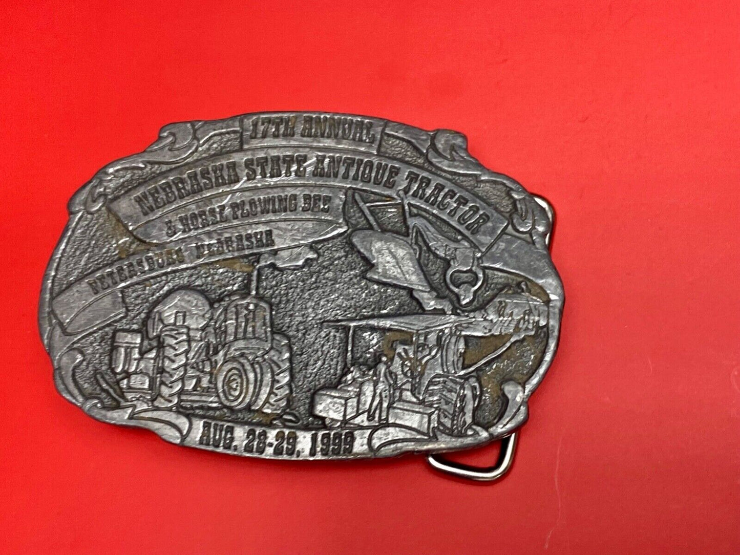 Vintage 1999 Nebraska State Antique Tractor and Horse Plowing Bee belt buckle
