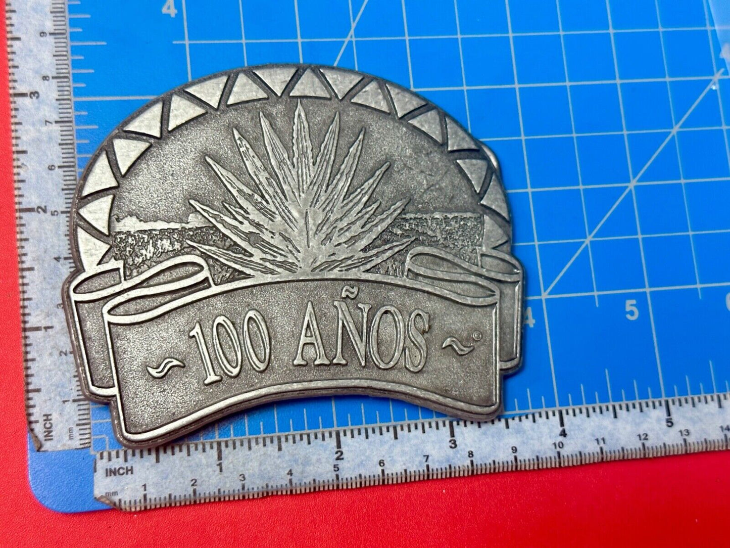 Tequila advertising 100 Anos Vintage Pewter Metal cutout belt buckle